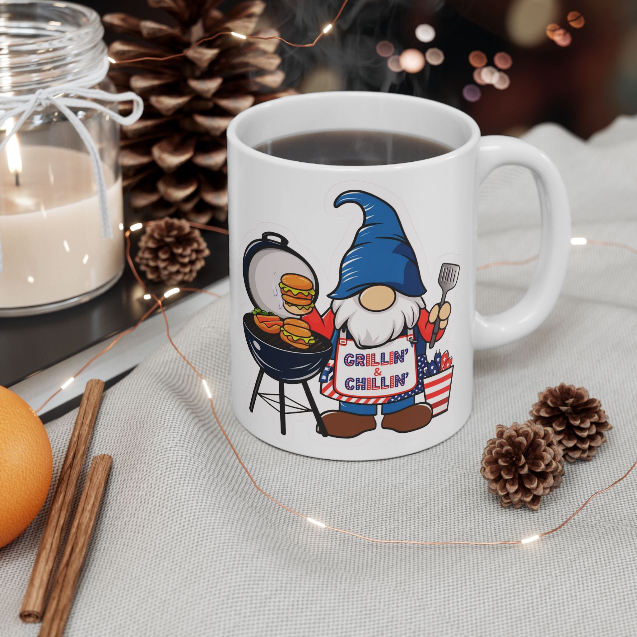 Grilling Gnome Ceramic Mug — Cute BBQ & Patriotic Party Coffee Cup (11oz, 15oz)
