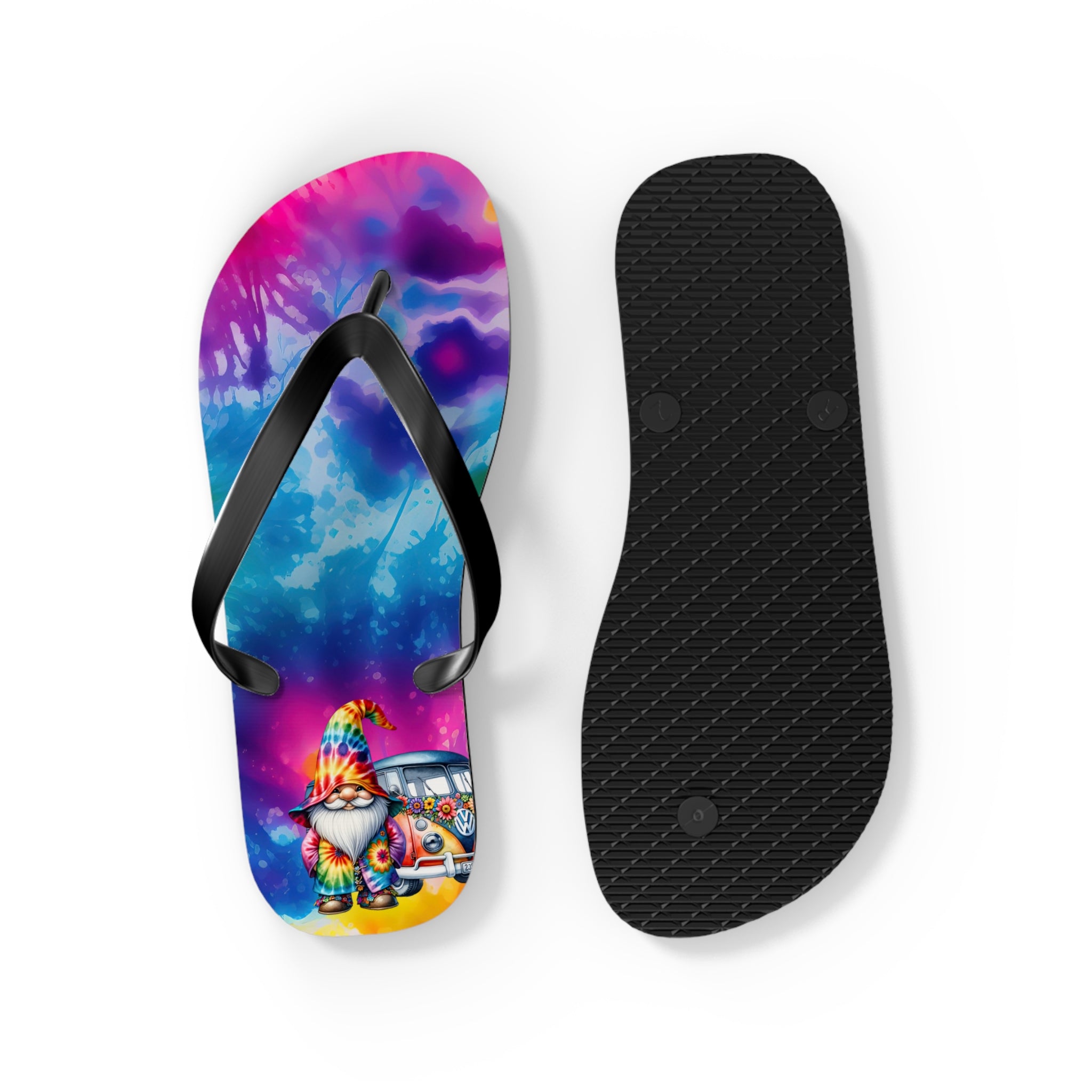 Tie-Dye Gnome Flip Flops — Colorful Summer Beach Sandals