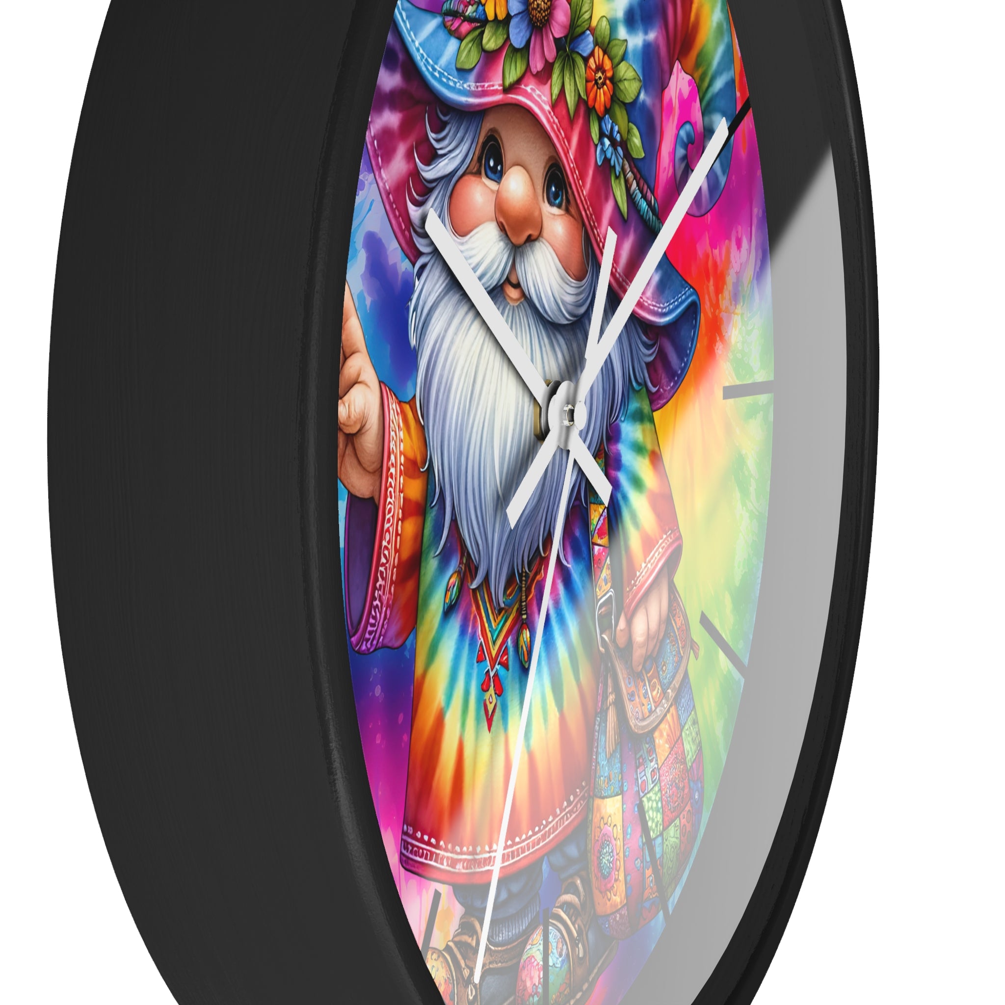 Tie-Dye Gnome Wall Clock — Colorful Hippie Garden Decor