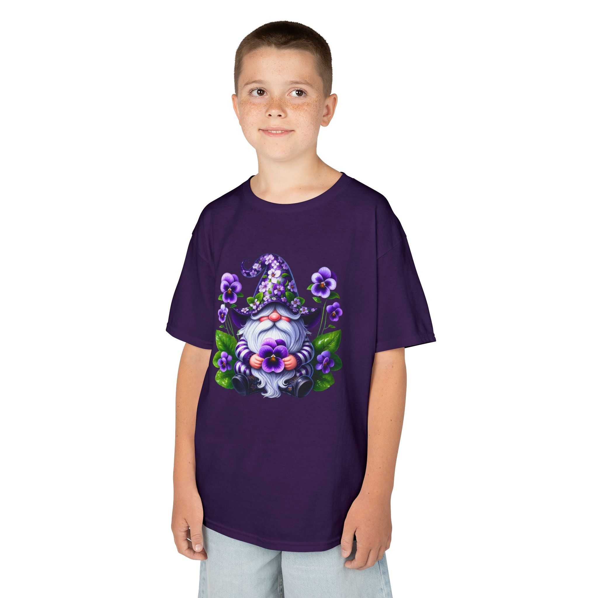 Kids Gnome T‑Shirt — Cute Purple Floral Gnome Tee for Children