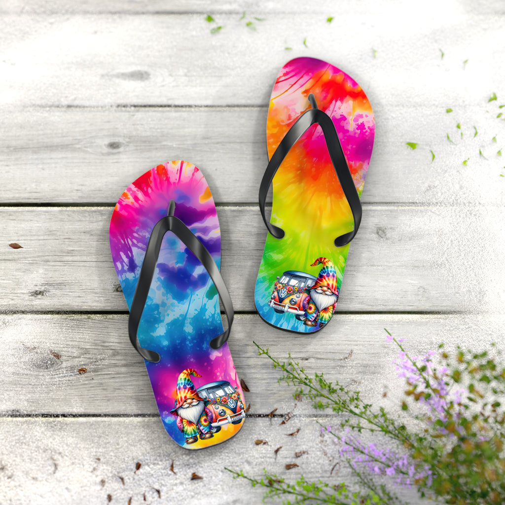 Tie-Dye Gnome Flip Flops — Colorful Summer Beach Sandals