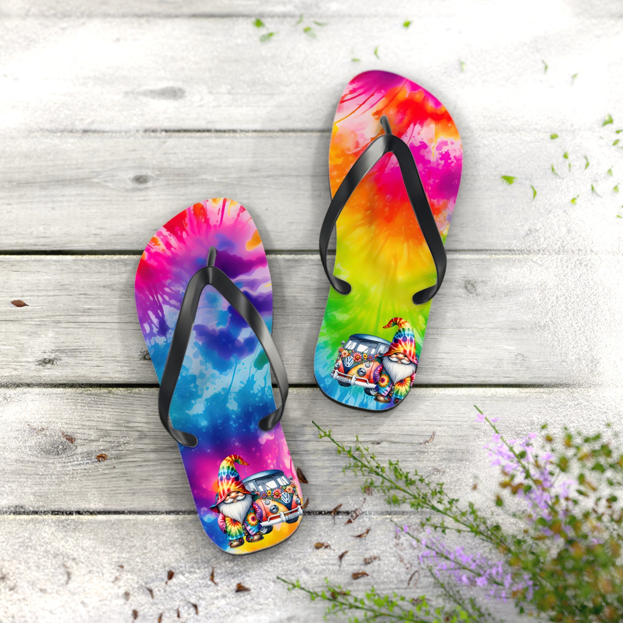 Tie-Dye Gnome Flip Flops — Colorful Summer Beach Sandals