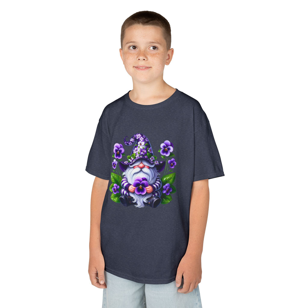 Kids Gnome T‑Shirt — Cute Purple Floral Wizard Gnome Tee for Children