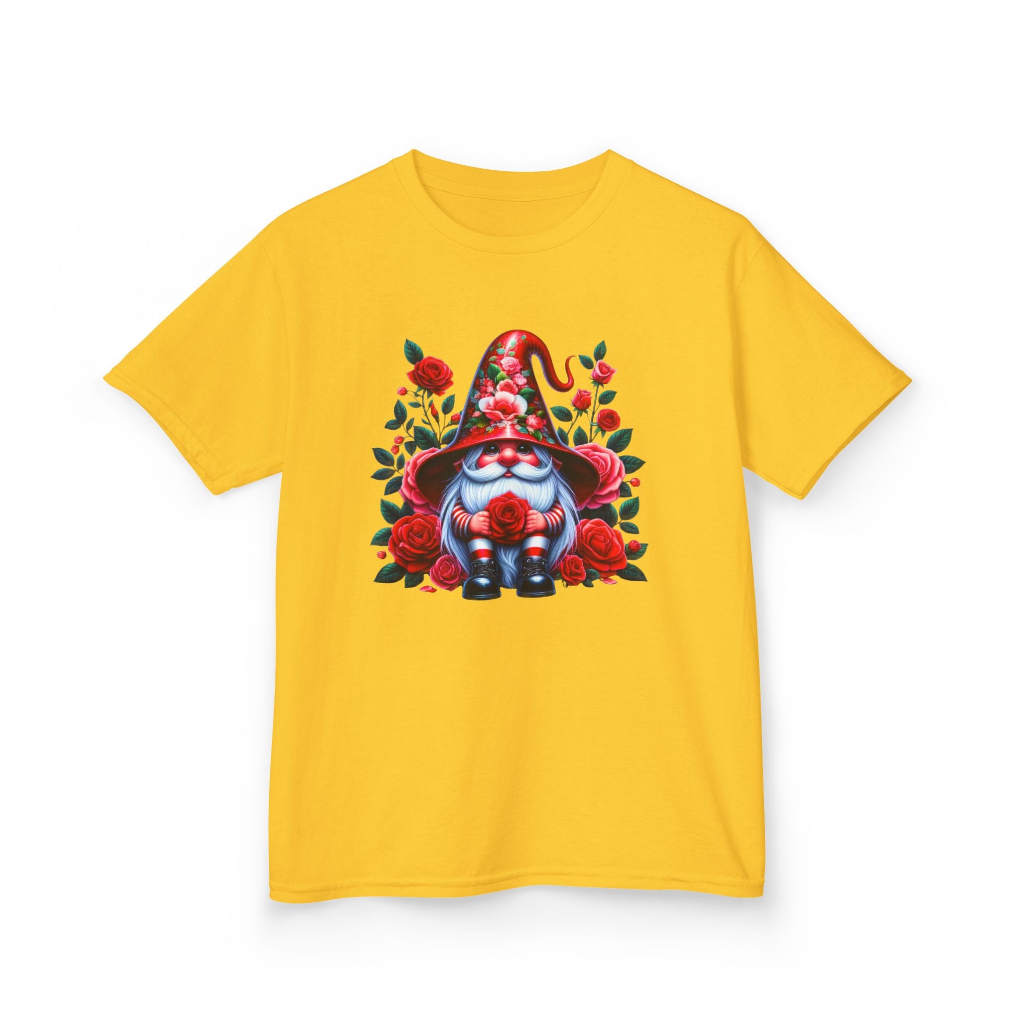 Valentine Gnome Kids Tee — Cute Red Rose Garden Gnome Shirt