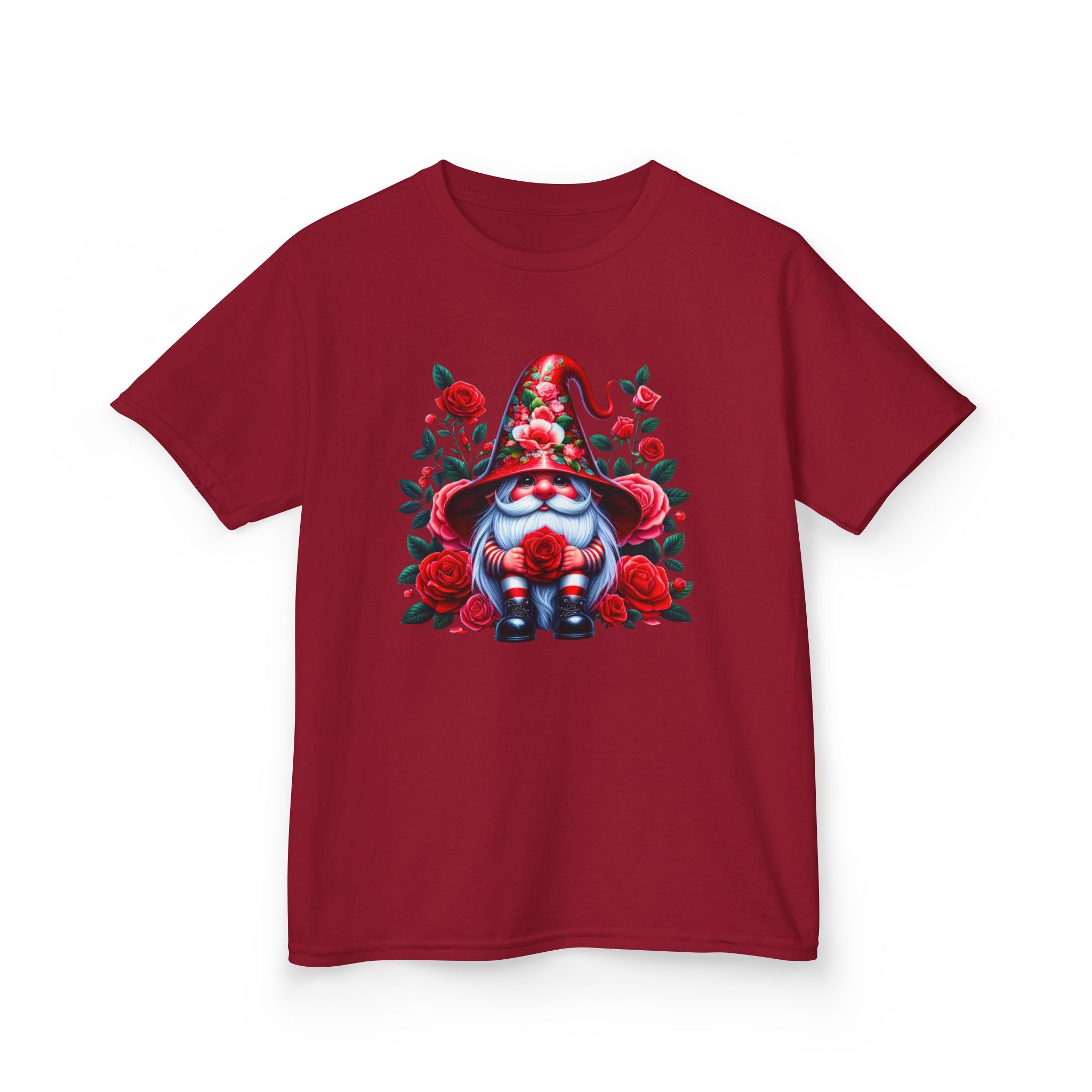 Valentine Gnome Kids Tee — Cute Red Rose Garden Gnome Shirt