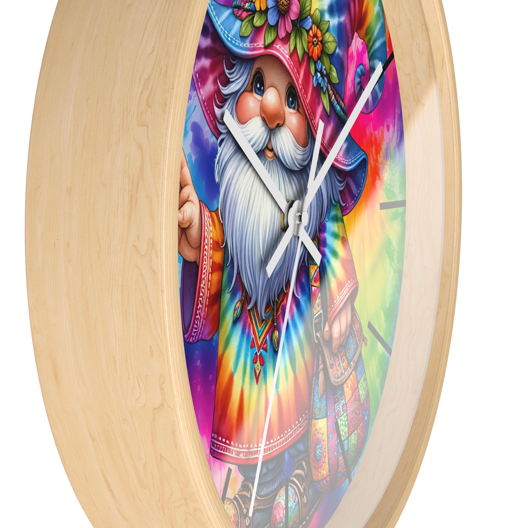 Tie-Dye Gnome Wall Clock — Colorful Hippie Garden Decor
