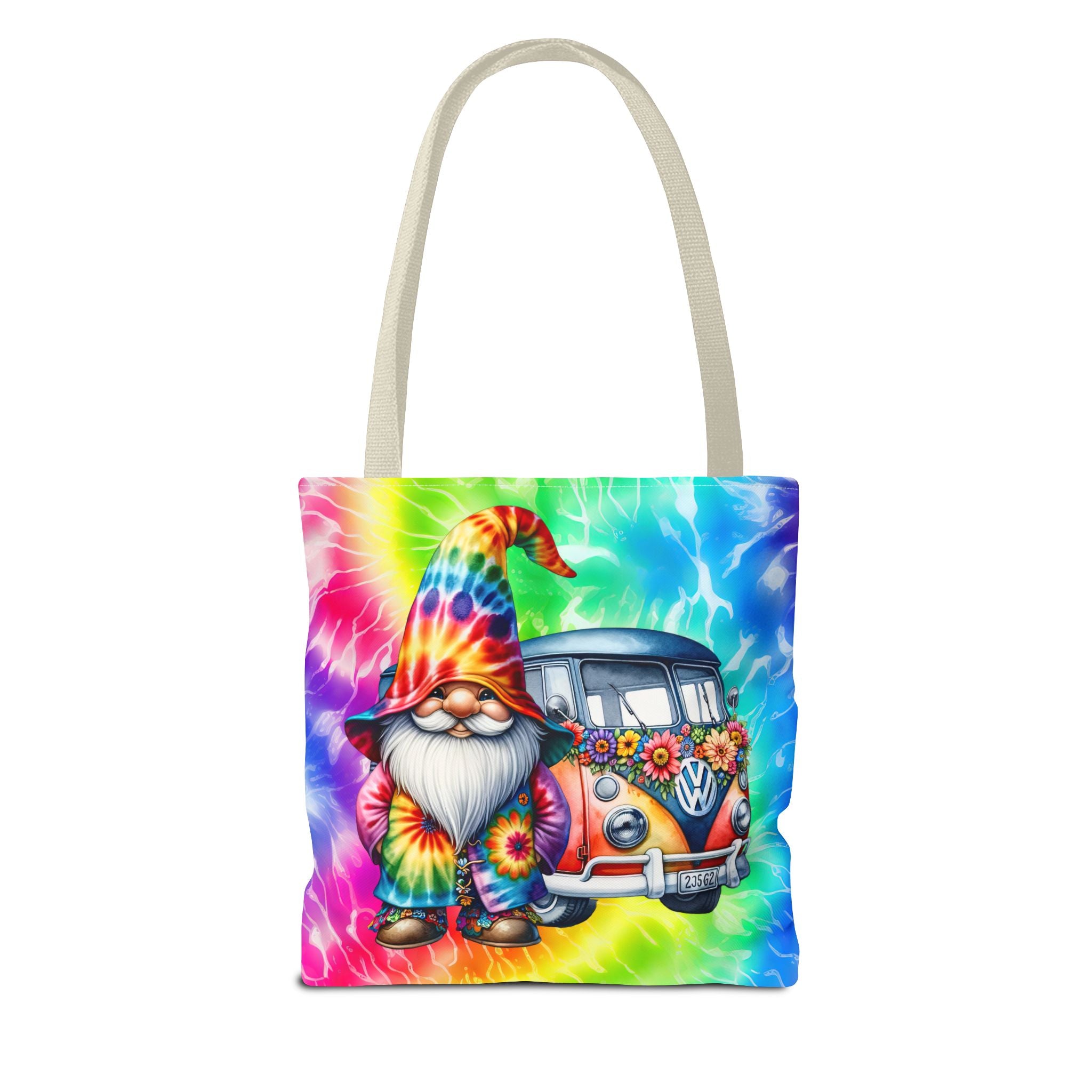 Tie-Dye Hippie Gnome Tote Bag — VW Bus Floral Boho Beach Tote