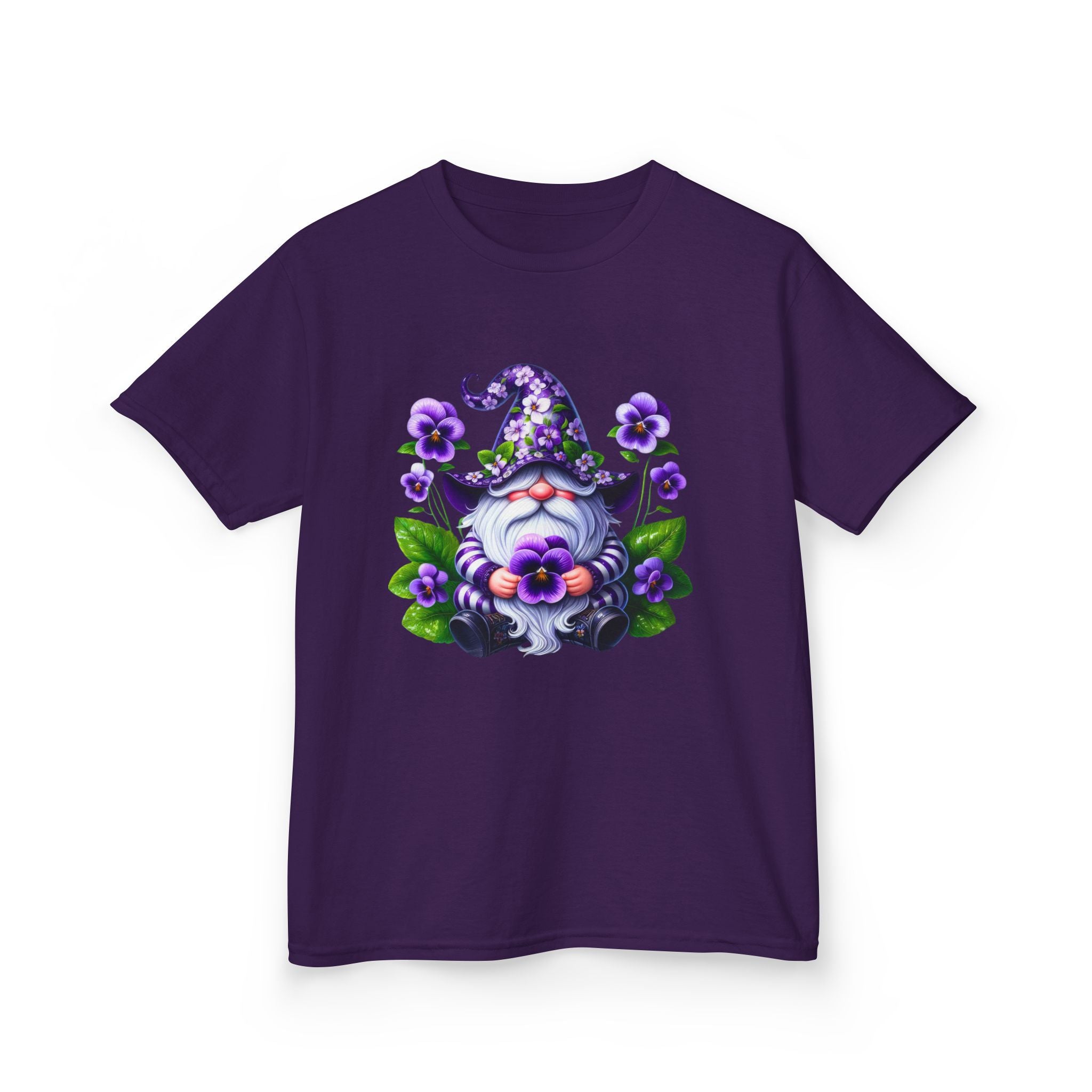Kids Gnome T‑Shirt — Cute Purple Floral Wizard Gnome Tee for Children