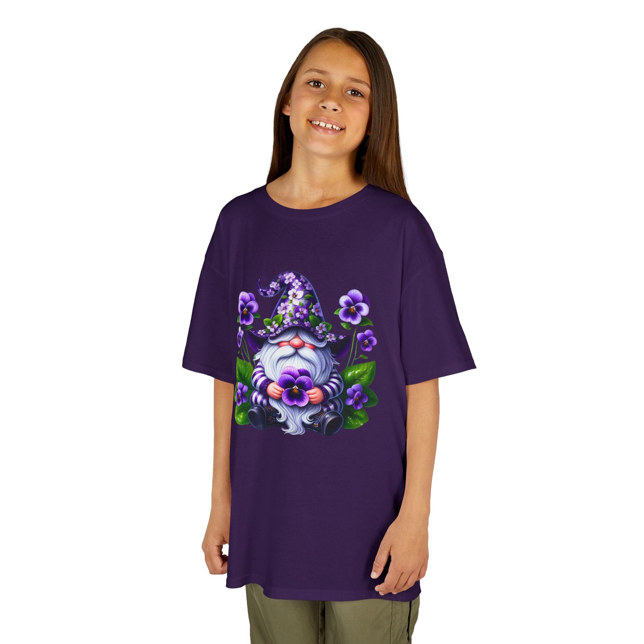 Kids Gnome T‑Shirt — Cute Purple Floral Wizard Gnome Tee for Children