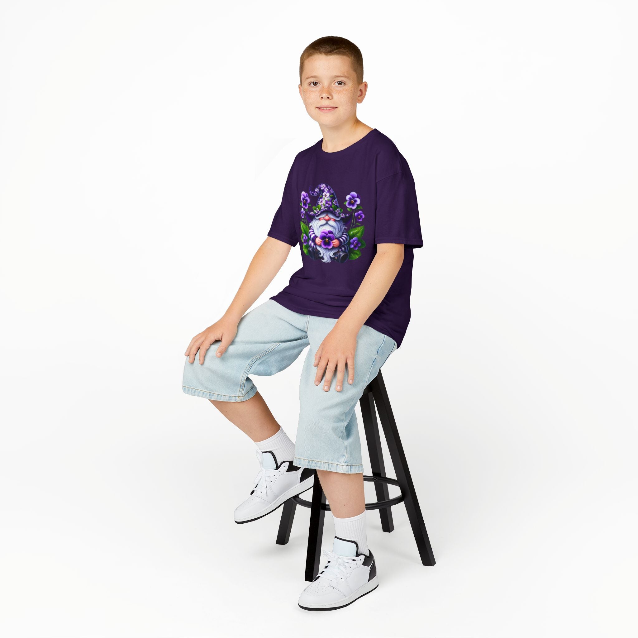 Kids Gnome T‑Shirt — Cute Purple Floral Wizard Gnome Tee for Children
