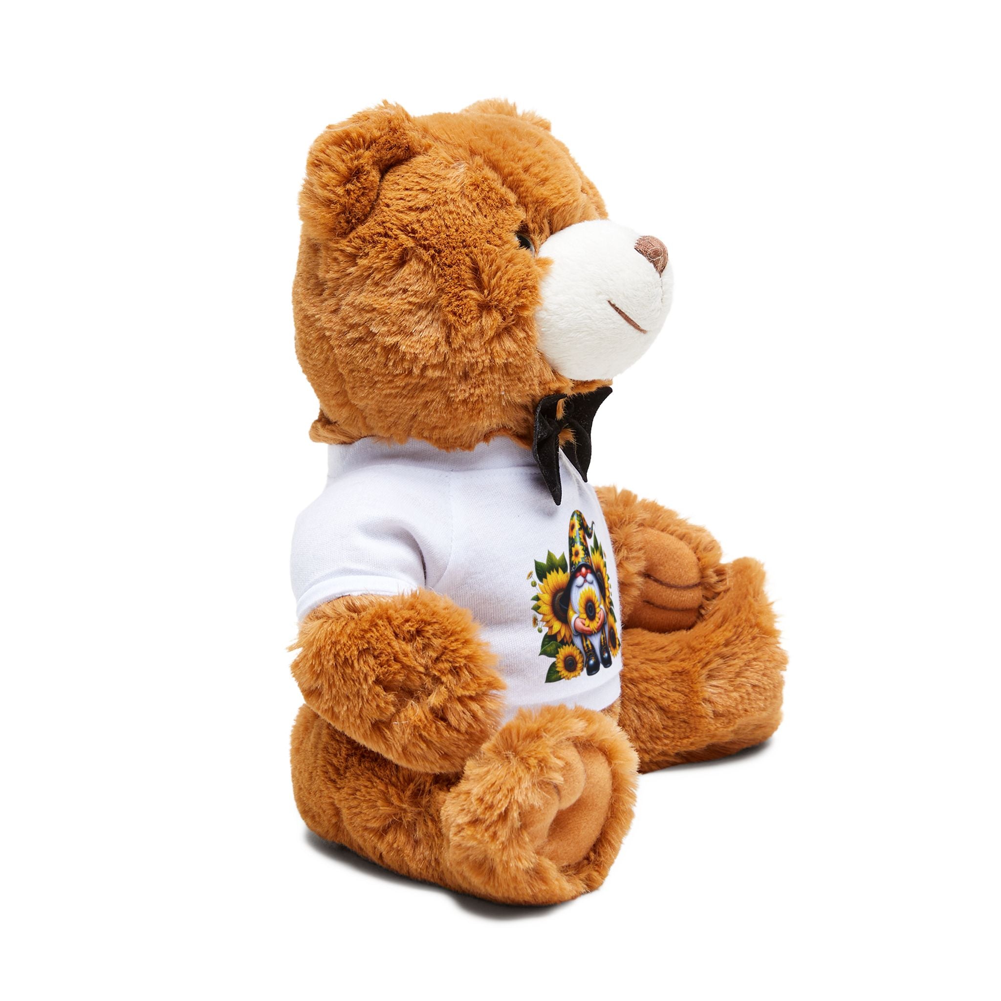 Sunflower Gnome Fox Teddy Bear with Bow Tie — Cute Plush Gift with Printed T‑Shirt