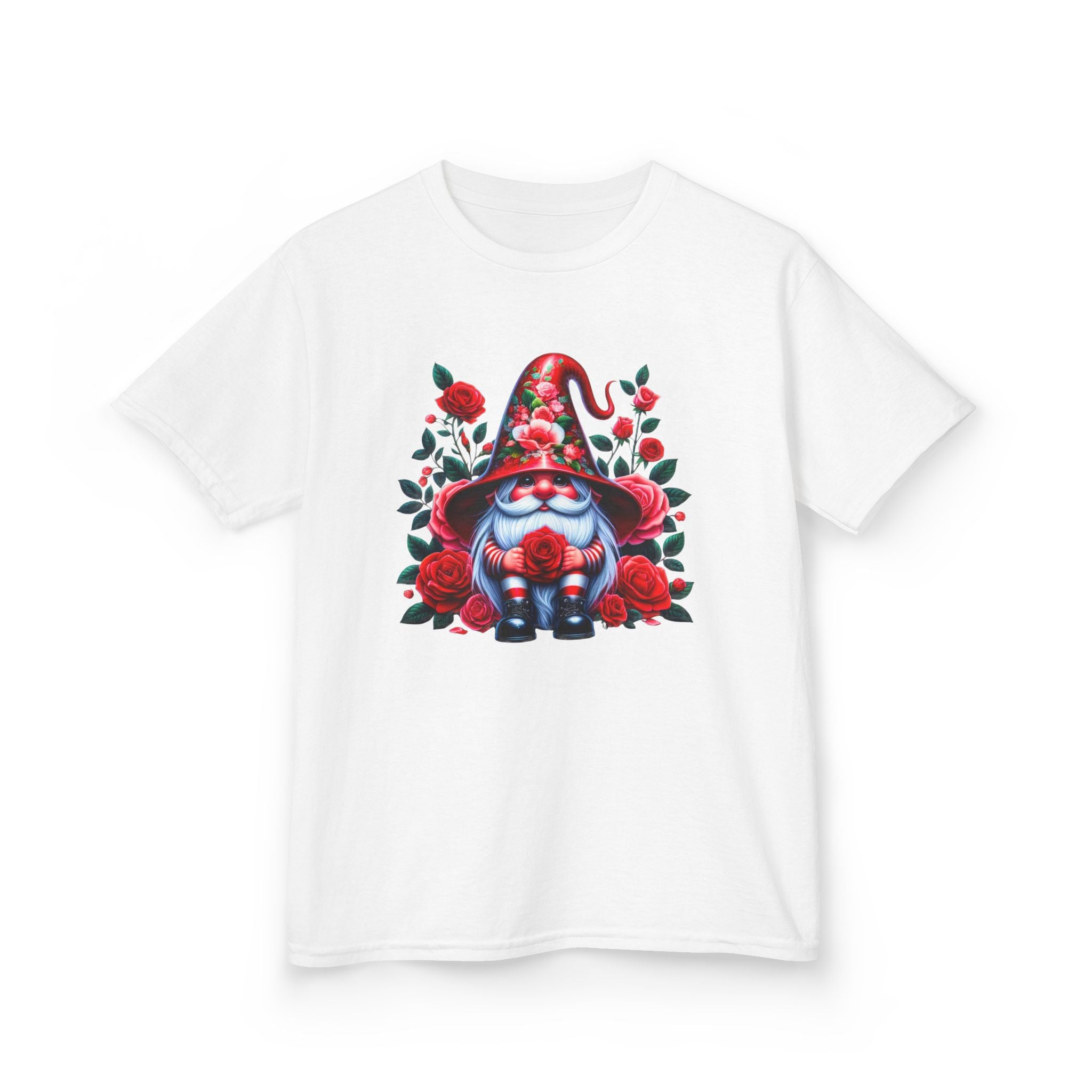 Valentine Gnome Kids Tee — Cute Red Rose Garden Gnome Shirt