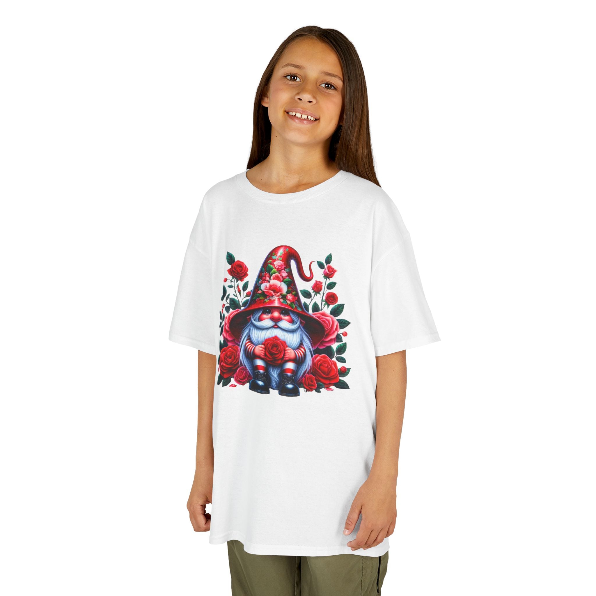 Valentine Gnome Kids Tee — Cute Red Rose Garden Gnome Shirt