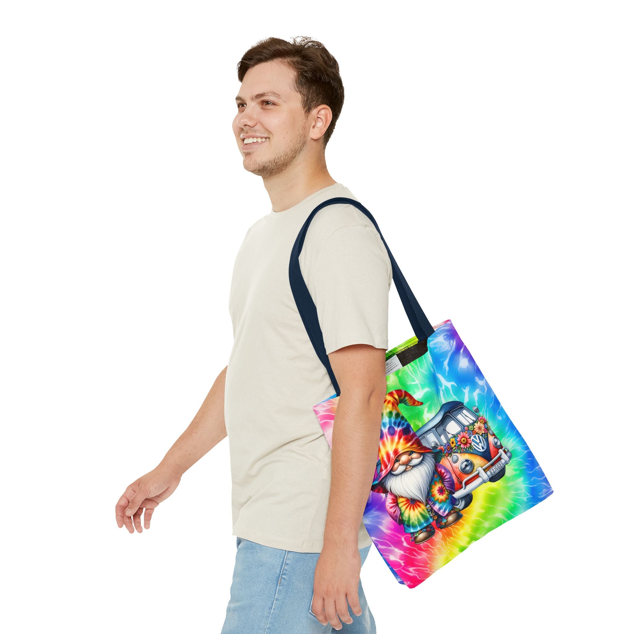 Tie-Dye Hippie Gnome Tote Bag — VW Bus Floral Boho Beach Tote