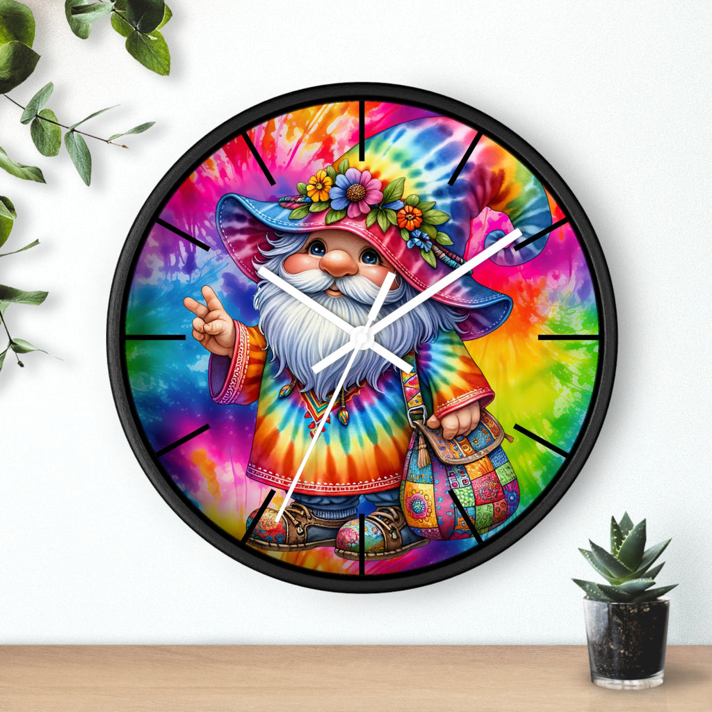 Tie-Dye Gnome Wall Clock — Colorful Hippie Garden Decor