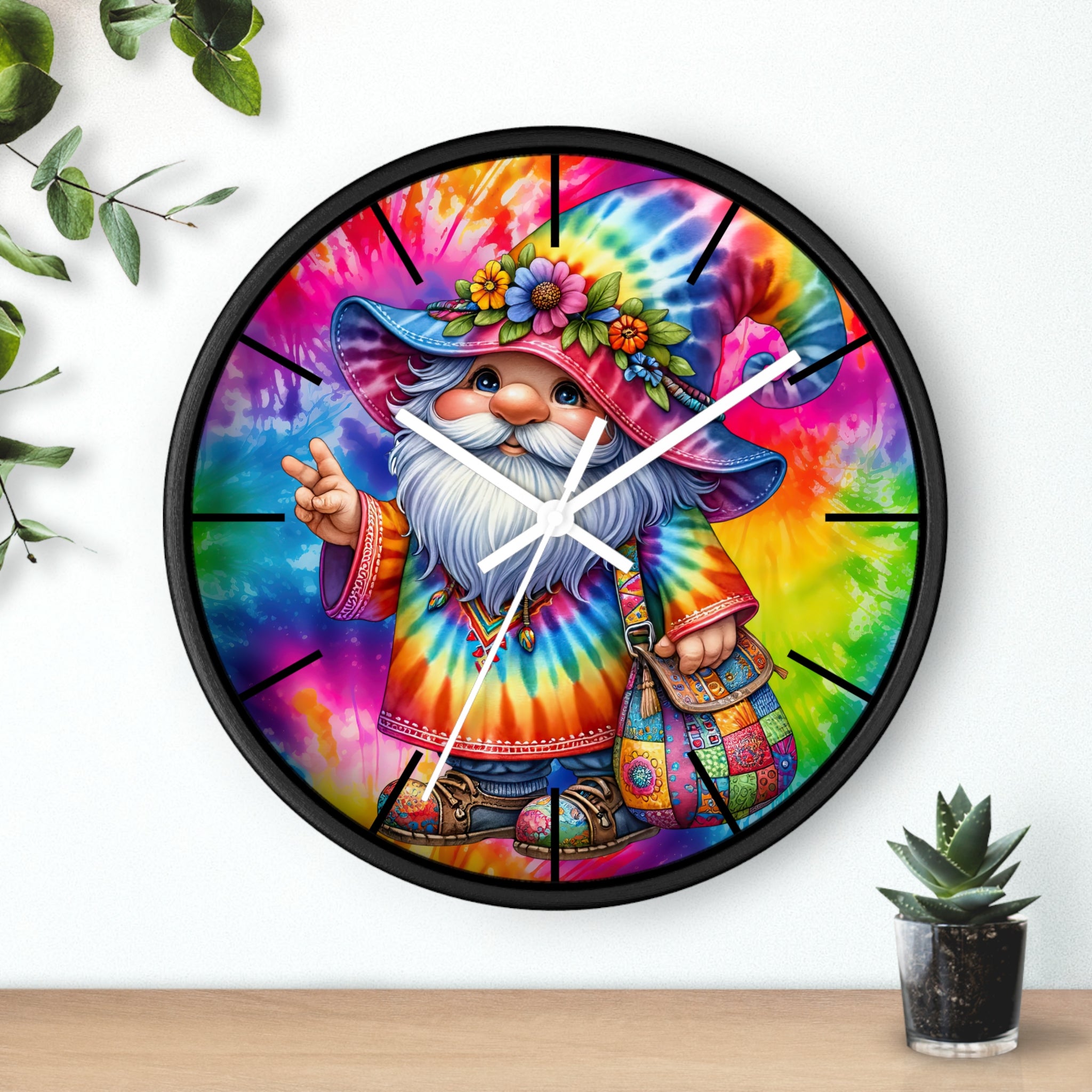 Tie-Dye Gnome Wall Clock — Colorful Hippie Garden Decor