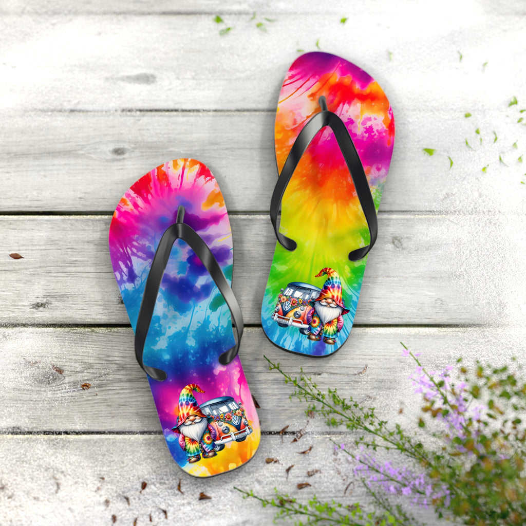 Tie-Dye Gnome Flip Flops — Colorful Summer Beach Sandals