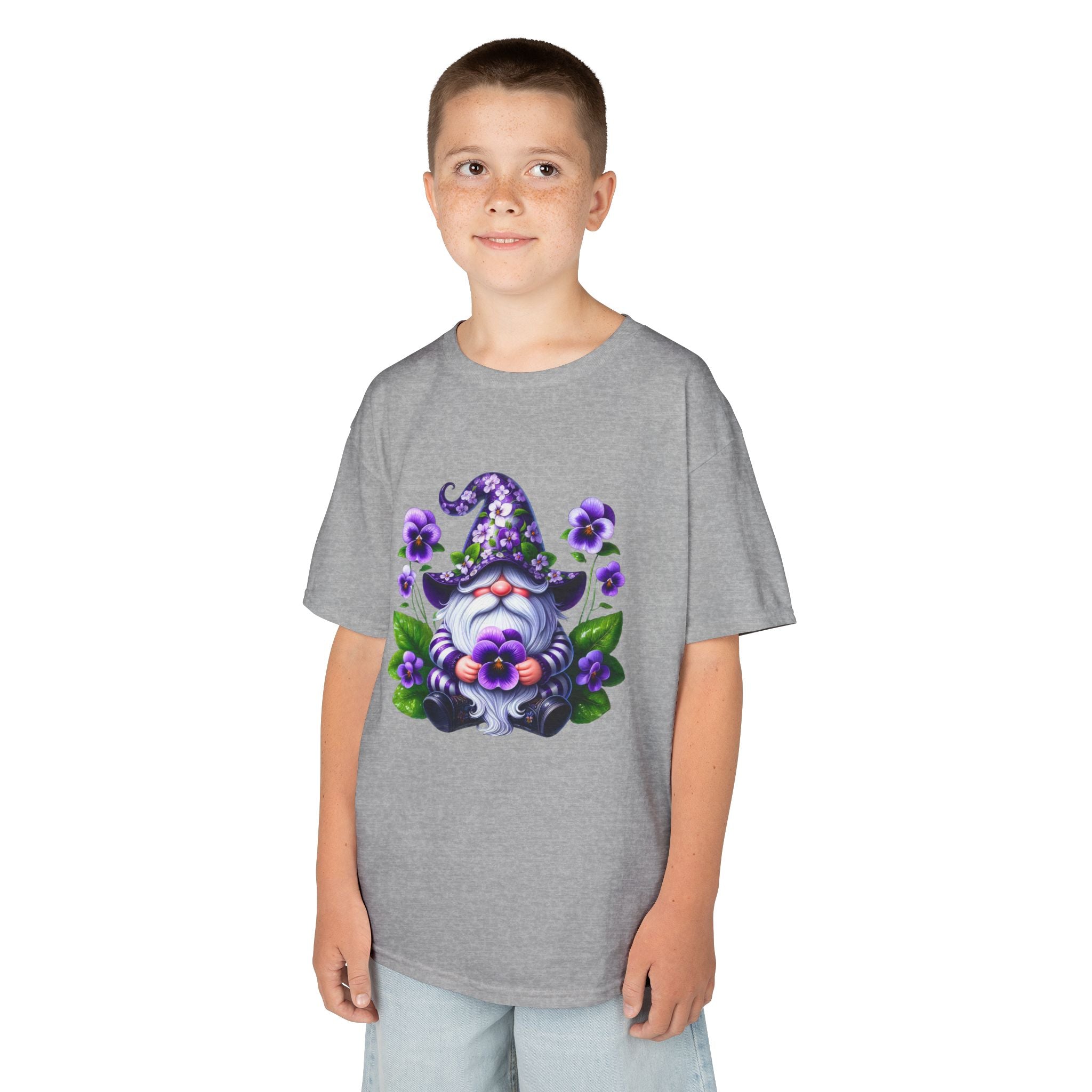 Kids Gnome T‑Shirt — Cute Purple Floral Wizard Gnome Tee for Children