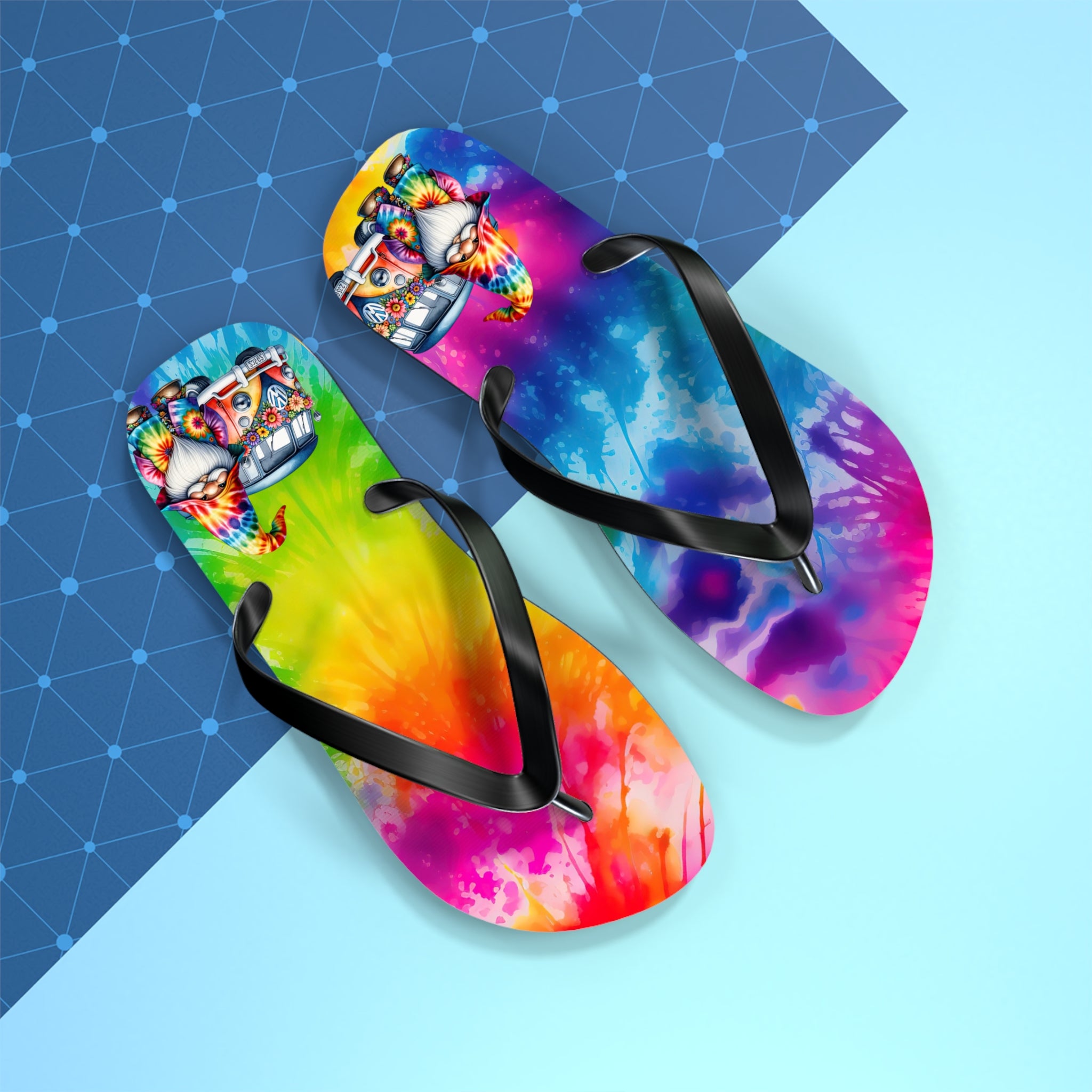 Tie-Dye Gnome Flip Flops — Colorful Summer Beach Sandals