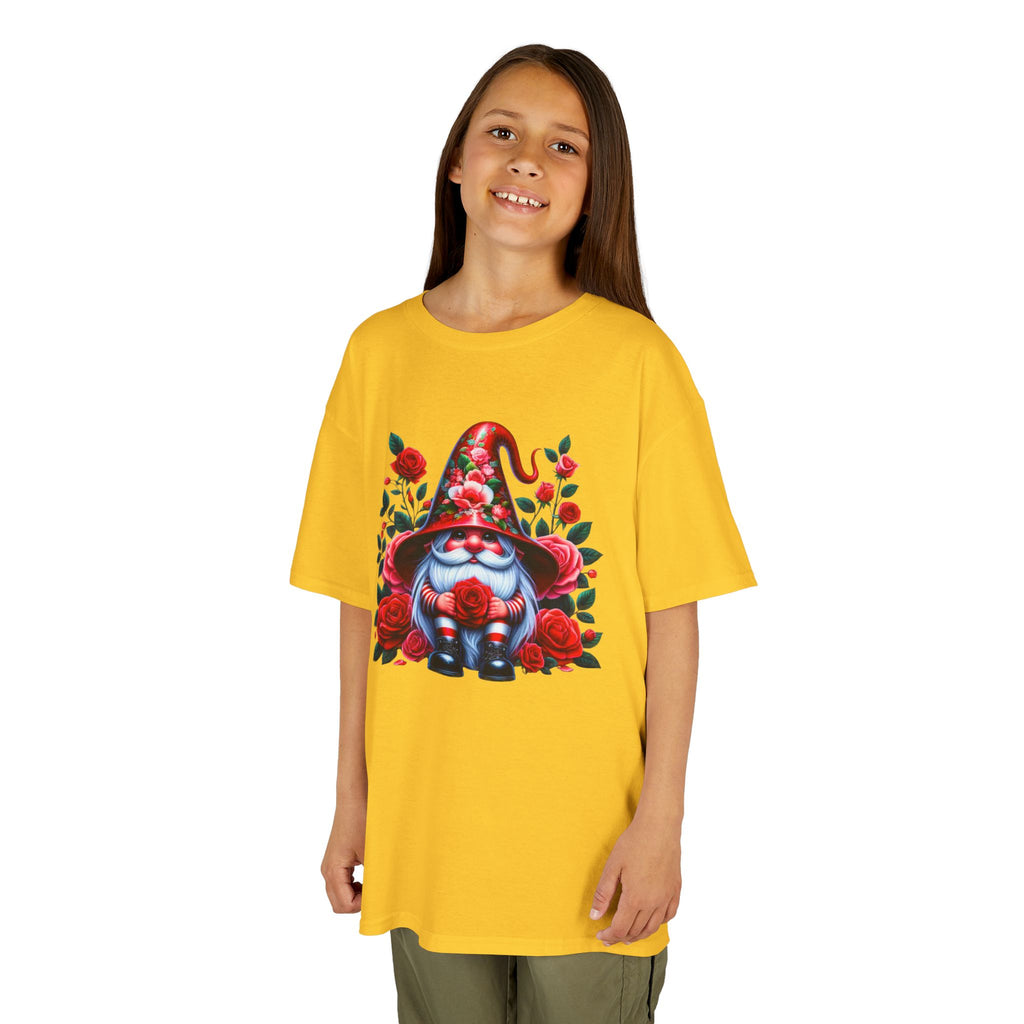 Valentine Gnome Kids Tee — Cute Red Rose Garden Gnome Shirt