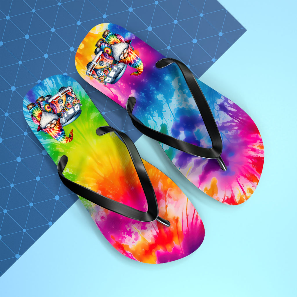 Tie-Dye Gnome Flip Flops — Colorful Summer Beach Sandals