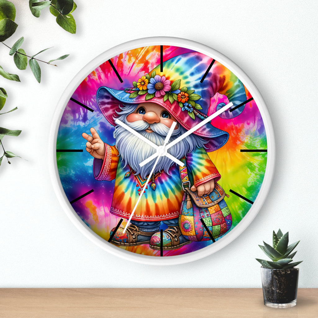 Tie-Dye Gnome Wall Clock — Colorful Hippie Garden Decor