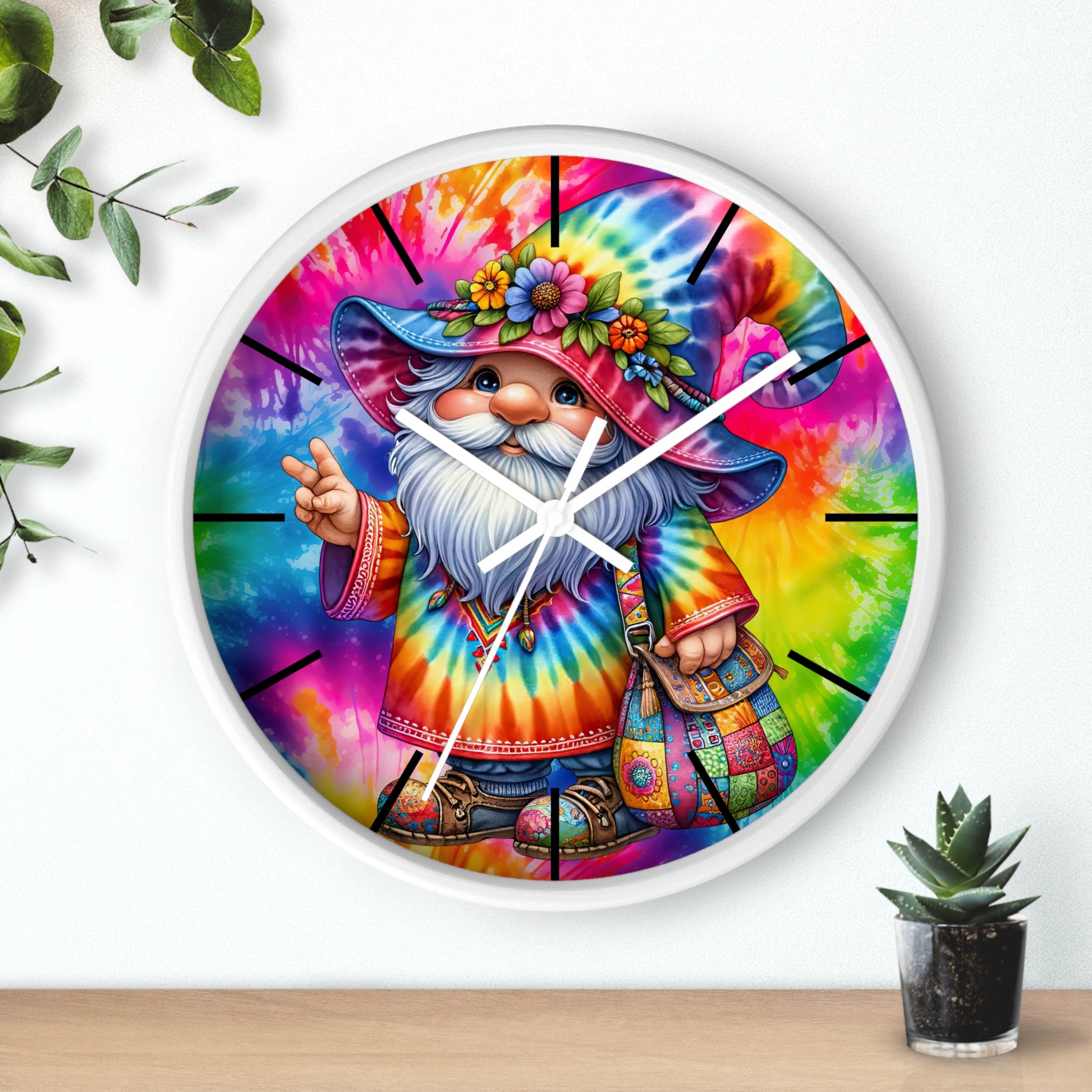 Tie-Dye Gnome Wall Clock — Colorful Hippie Garden Decor