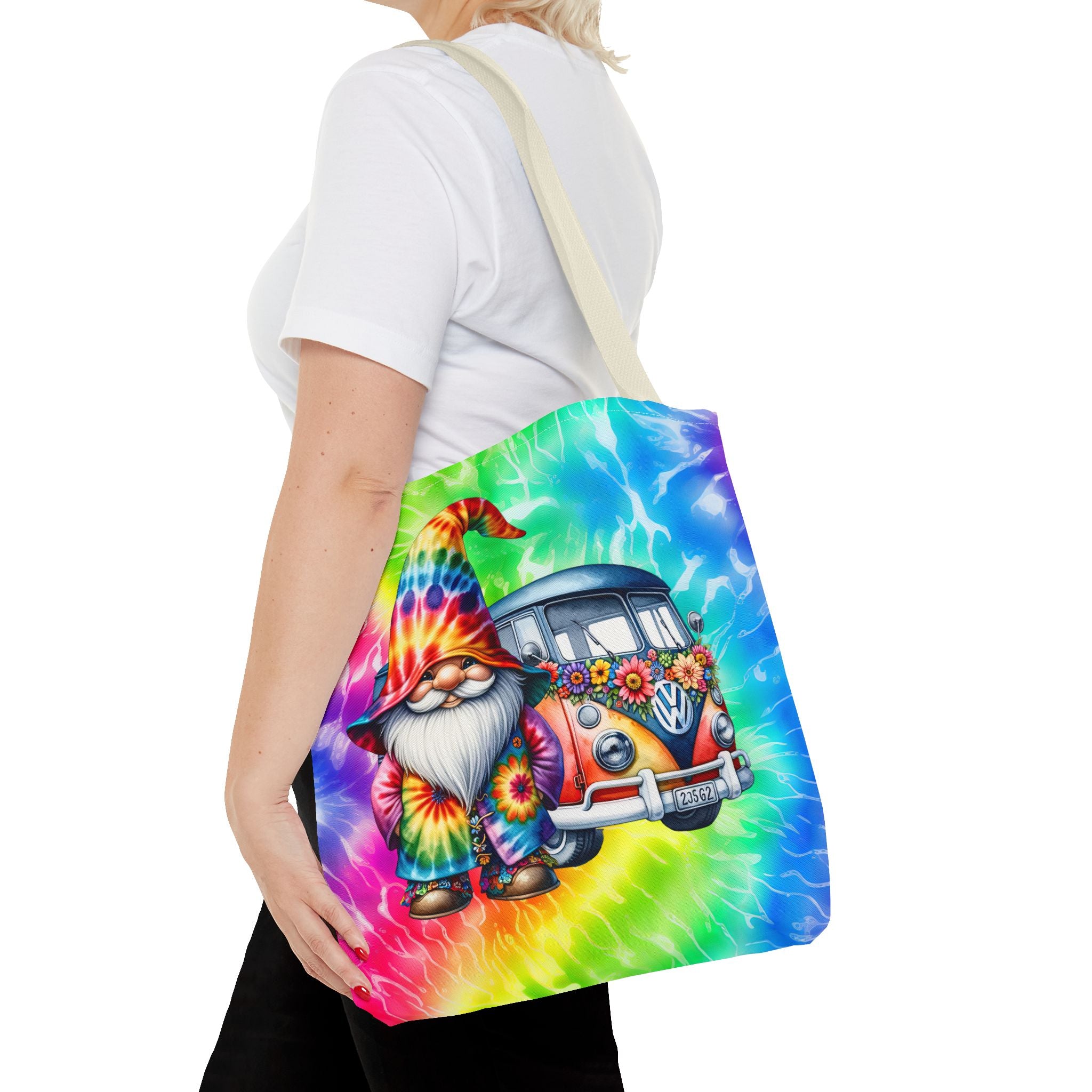 Tie-Dye Hippie Gnome Tote Bag — VW Bus Floral Boho Beach Tote