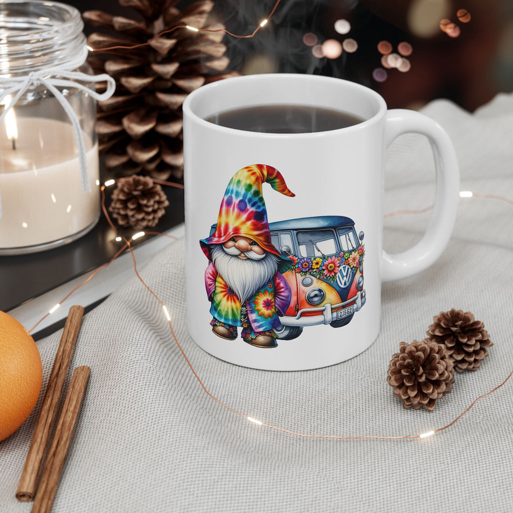 Tie-Dye Gnome Ceramic Mug (11oz, 15oz) — Hippie Van & Colorful Gnome Coffee Cup