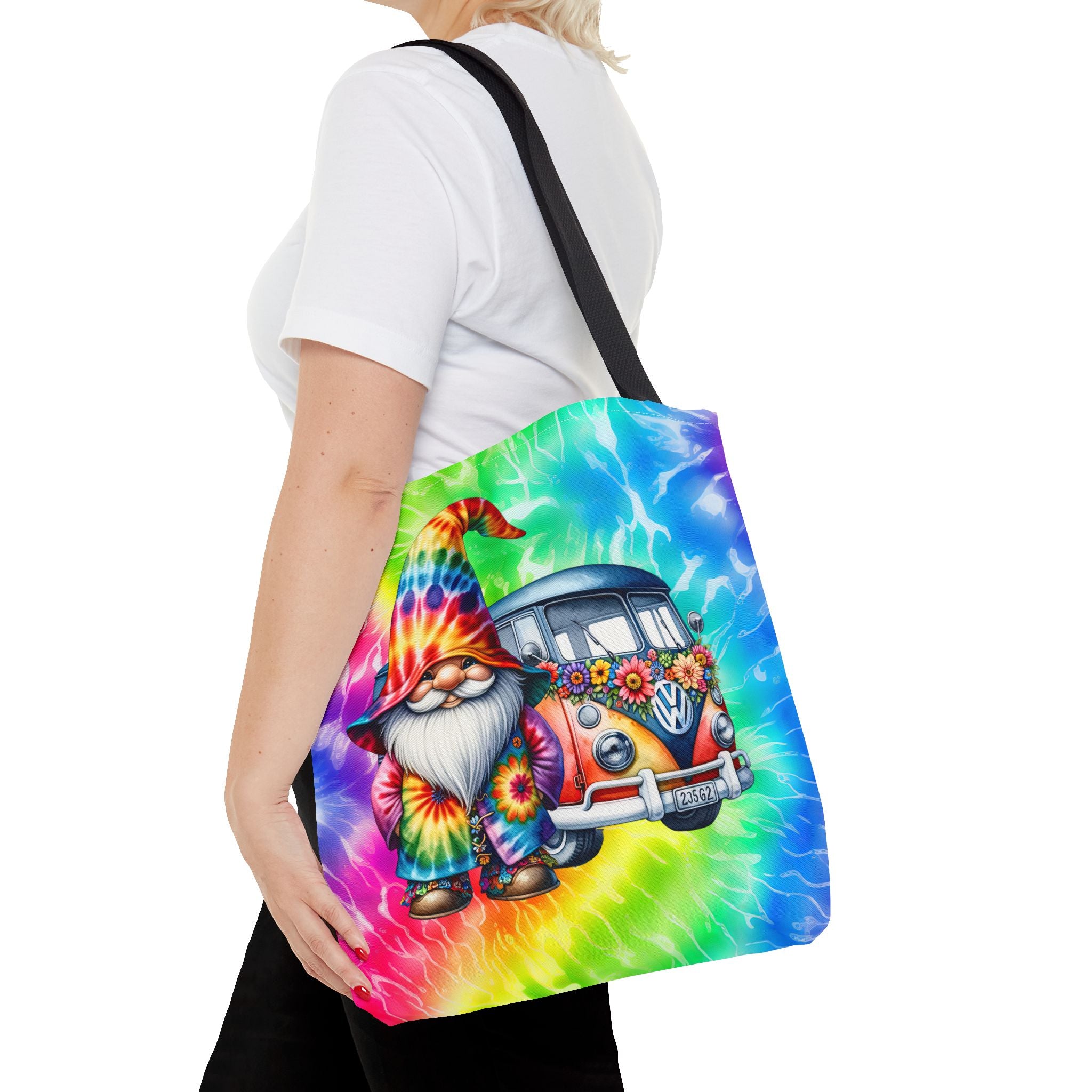 Tie-Dye Hippie Gnome Tote Bag — VW Bus Floral Boho Beach Tote