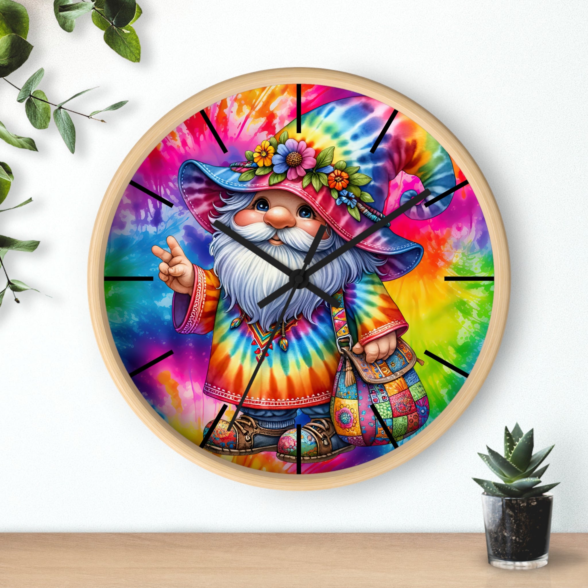 Tie-Dye Gnome Wall Clock — Colorful Hippie Garden Decor