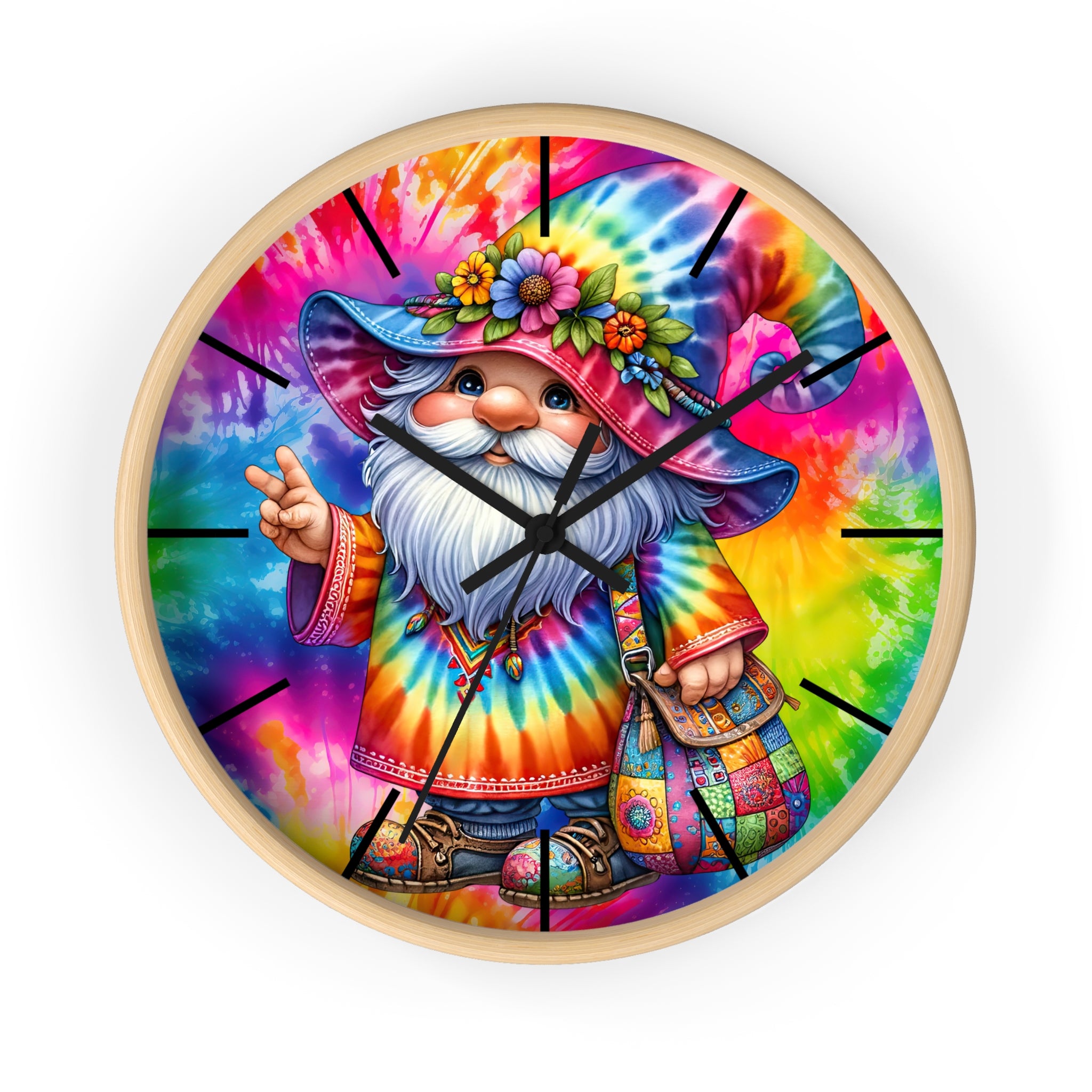 Tie-Dye Gnome Wall Clock — Colorful Hippie Garden Decor