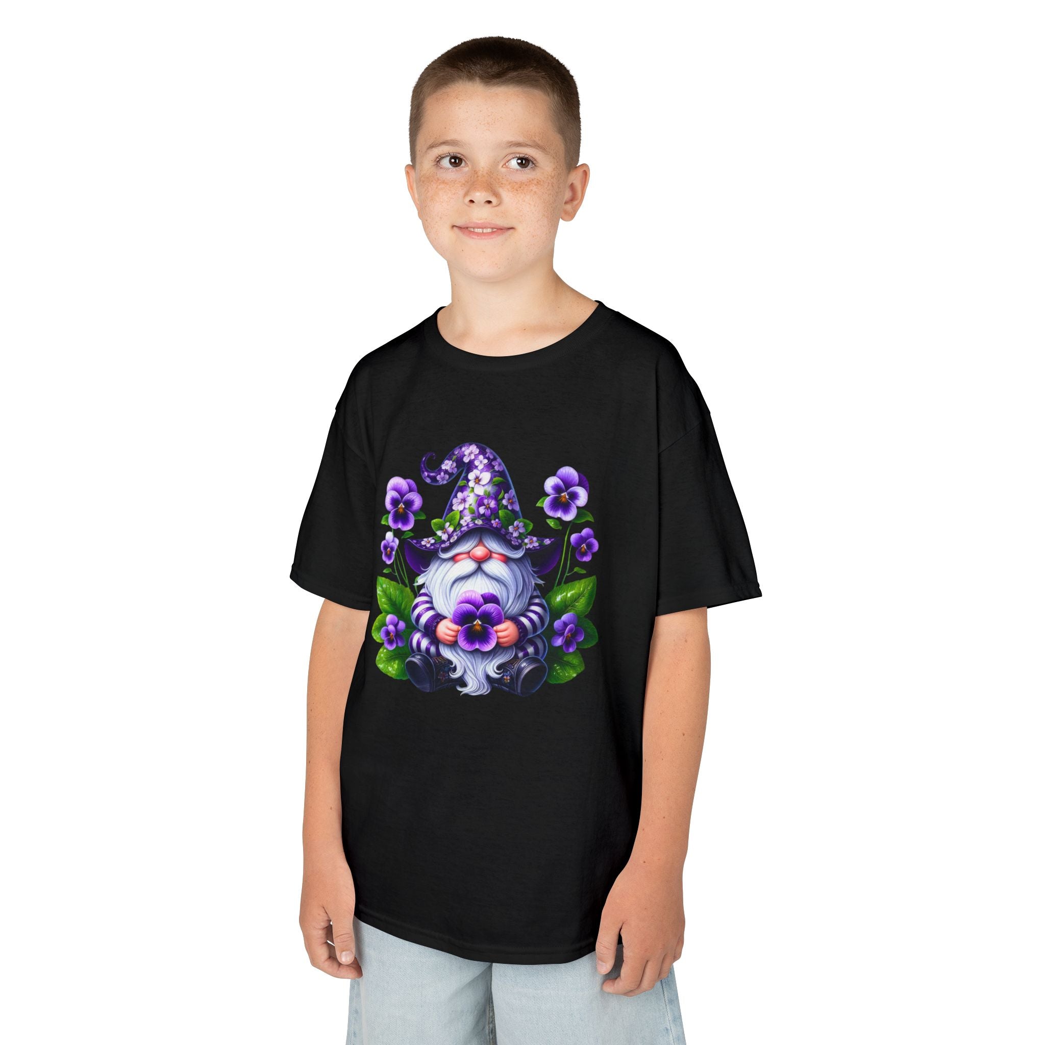 Kids Gnome T‑Shirt — Cute Purple Floral Gnome Tee for Children