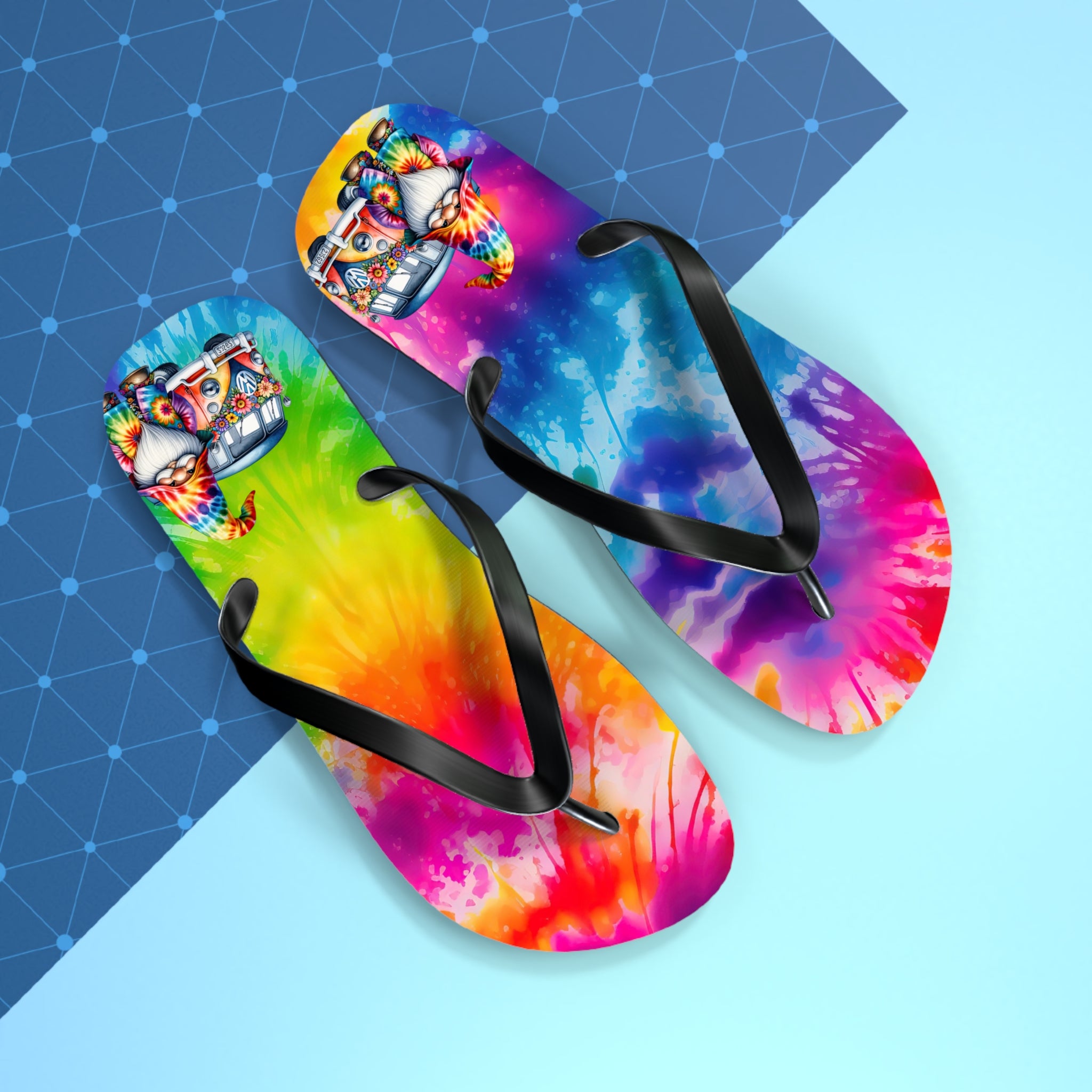 Tie-Dye Gnome Flip Flops — Colorful Summer Beach Sandals