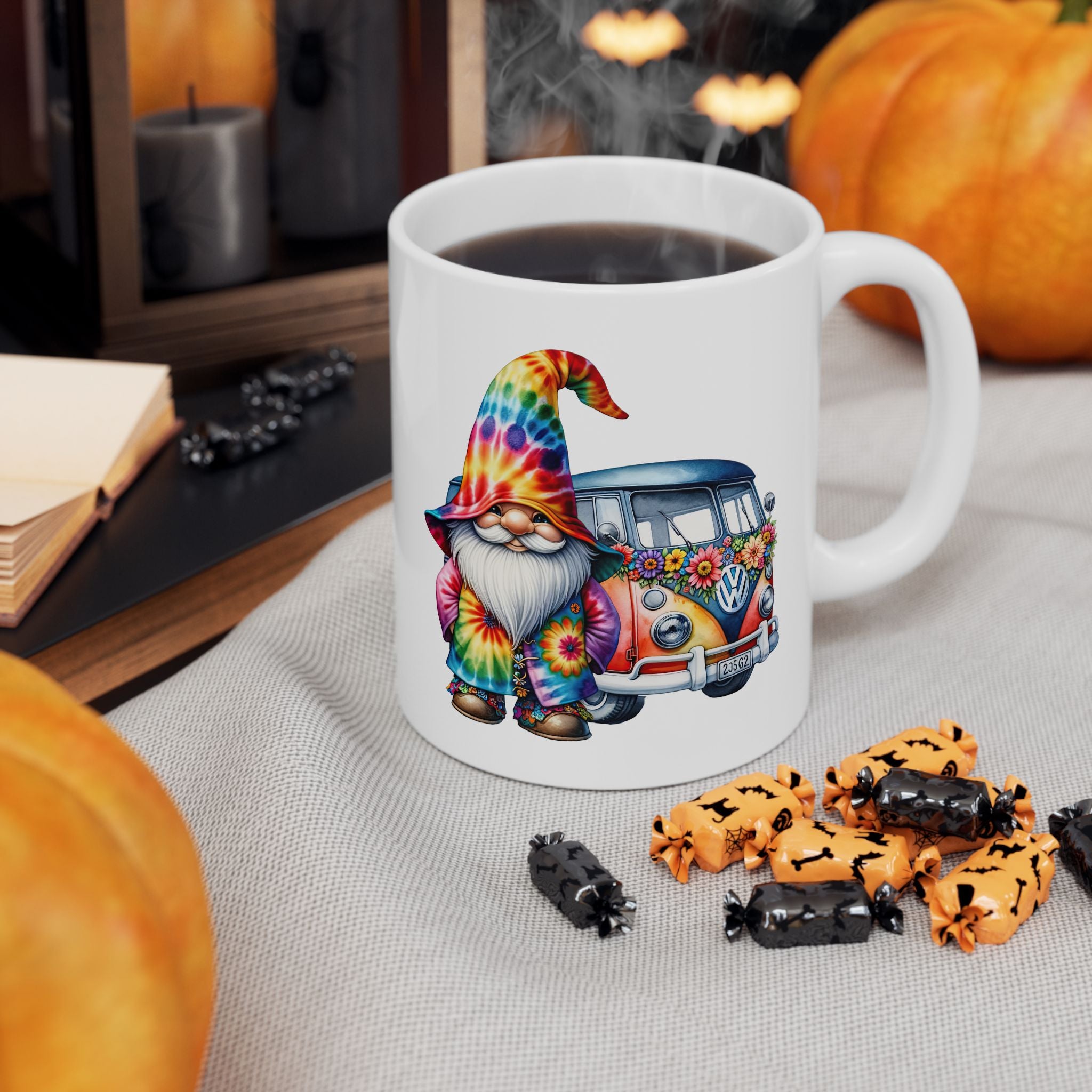Tie-Dye Gnome Ceramic Mug (11oz, 15oz) — Hippie Van & Colorful Gnome Coffee Cup