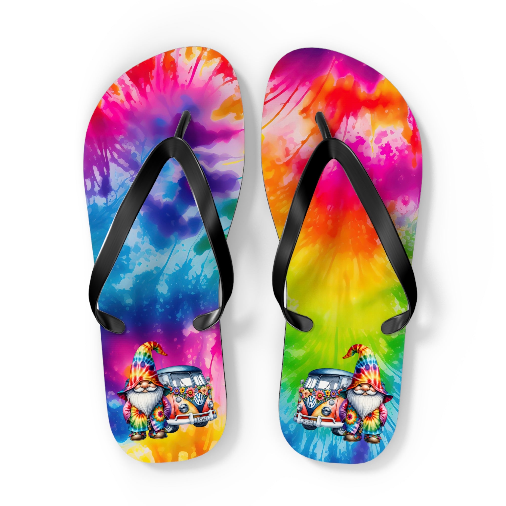 Tie-Dye Gnome Flip Flops — Colorful Summer Beach Sandals