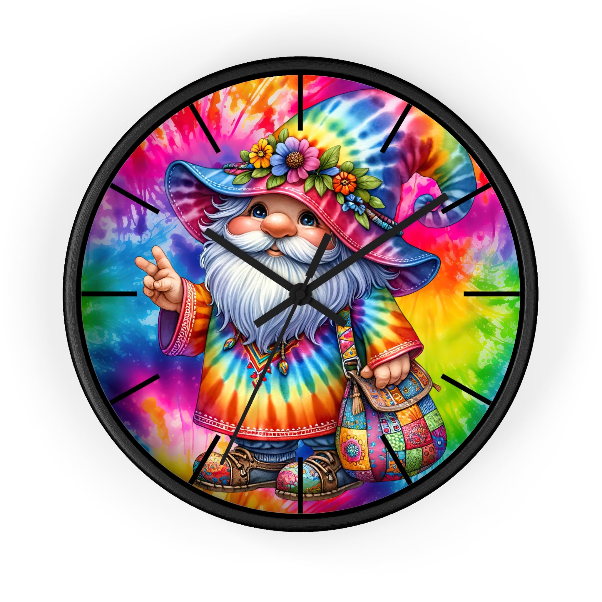 Tie-Dye Gnome Wall Clock — Colorful Hippie Garden Decor