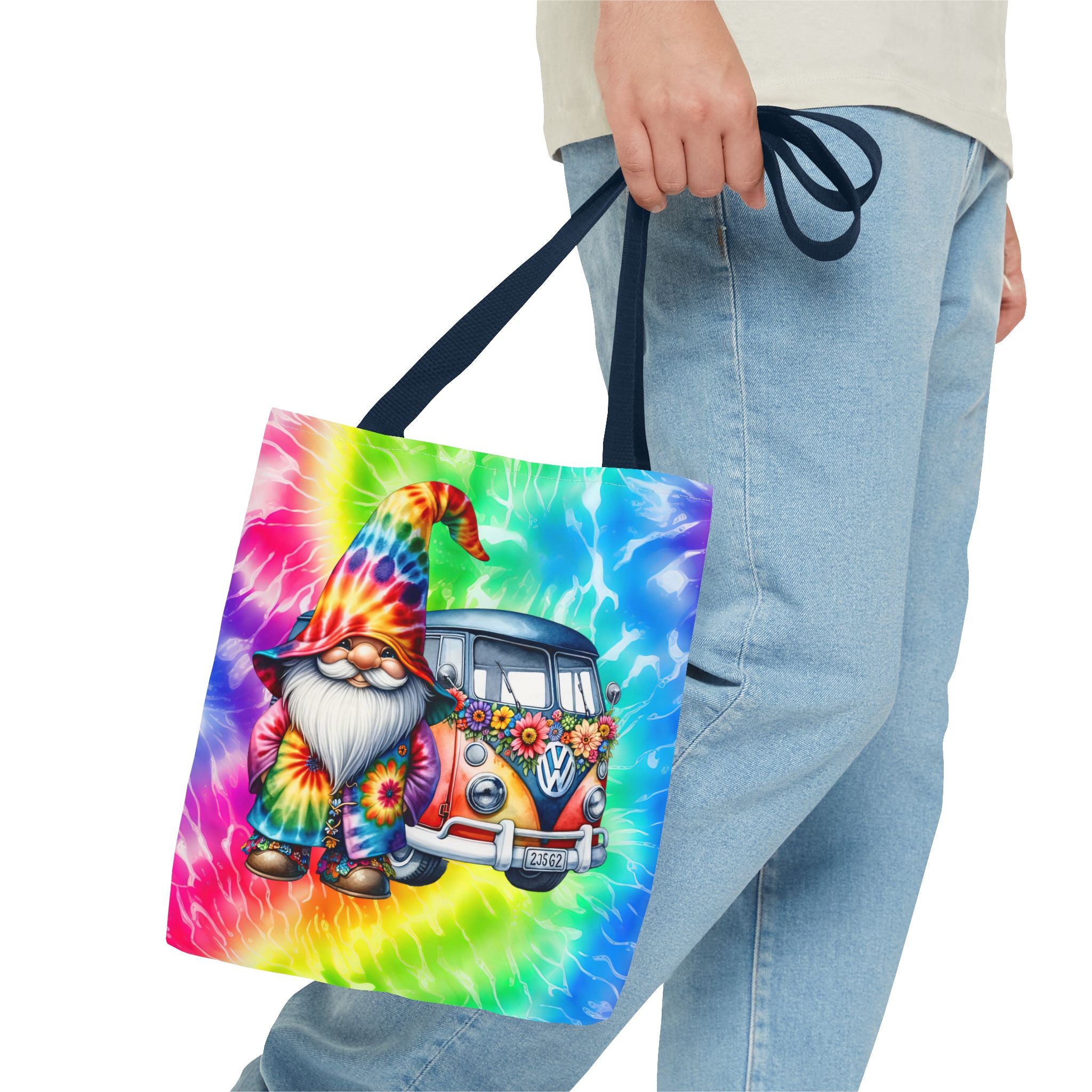 Tie-Dye Hippie Gnome Tote Bag — VW Bus Floral Boho Beach Tote