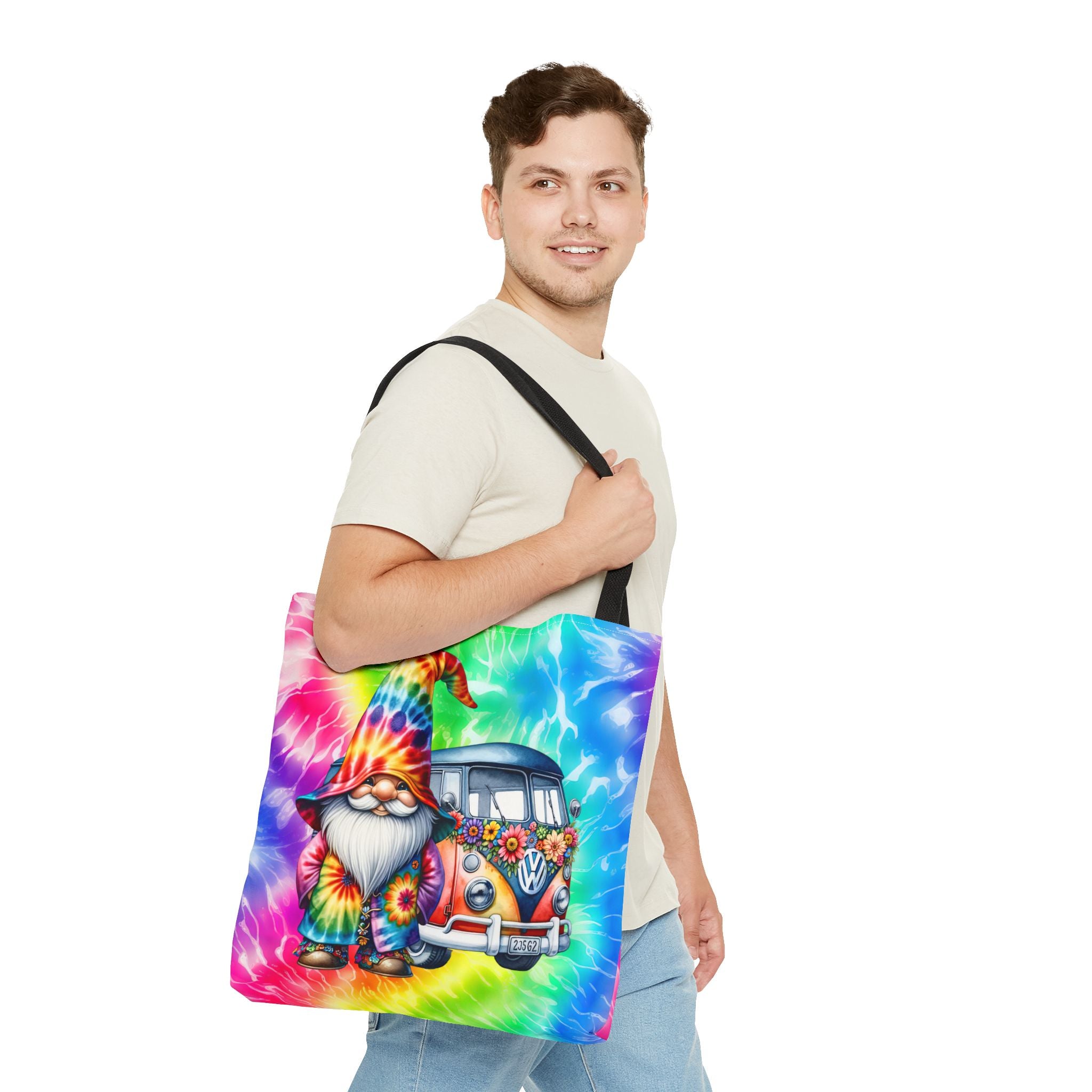 Tie-Dye Hippie Gnome Tote Bag — VW Bus Floral Boho Beach Tote
