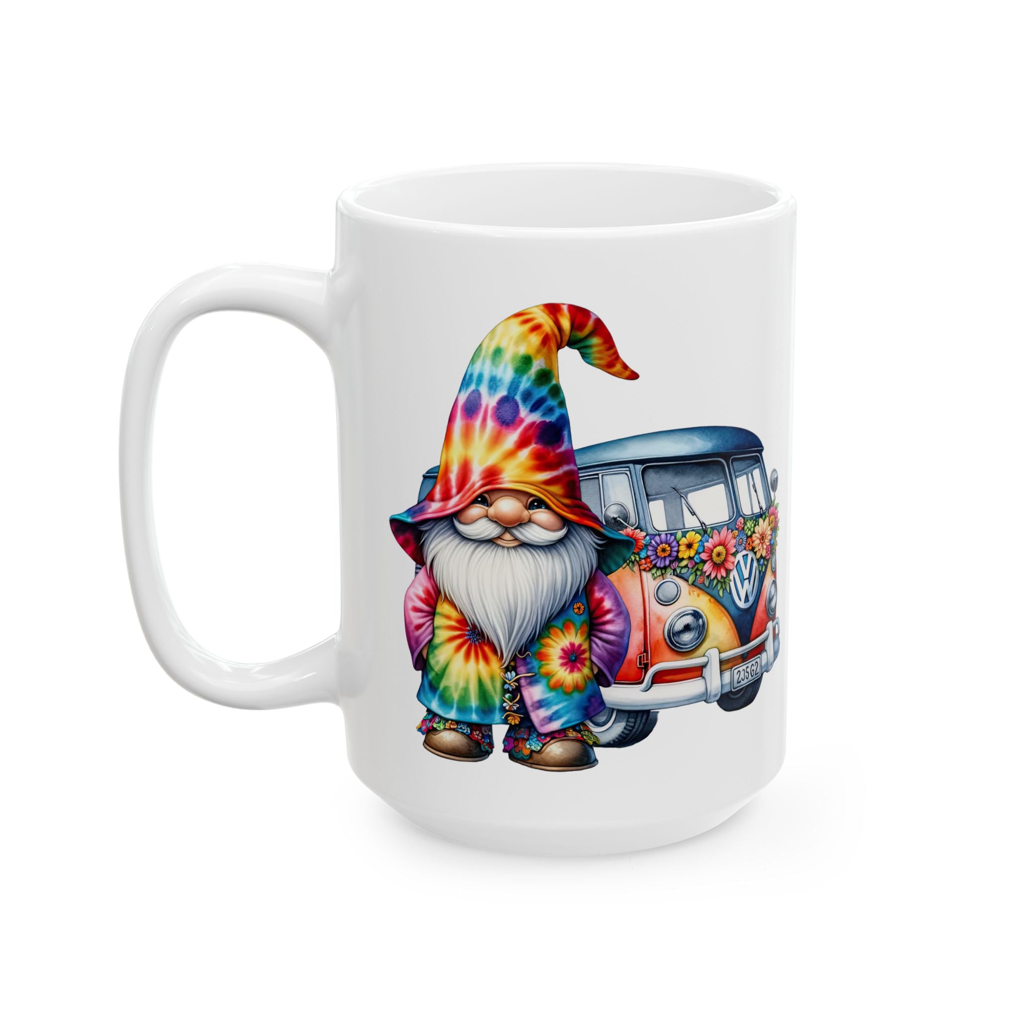 Tie-Dye Gnome Ceramic Mug (11oz, 15oz) — Hippie Van & Colorful Gnome Coffee Cup