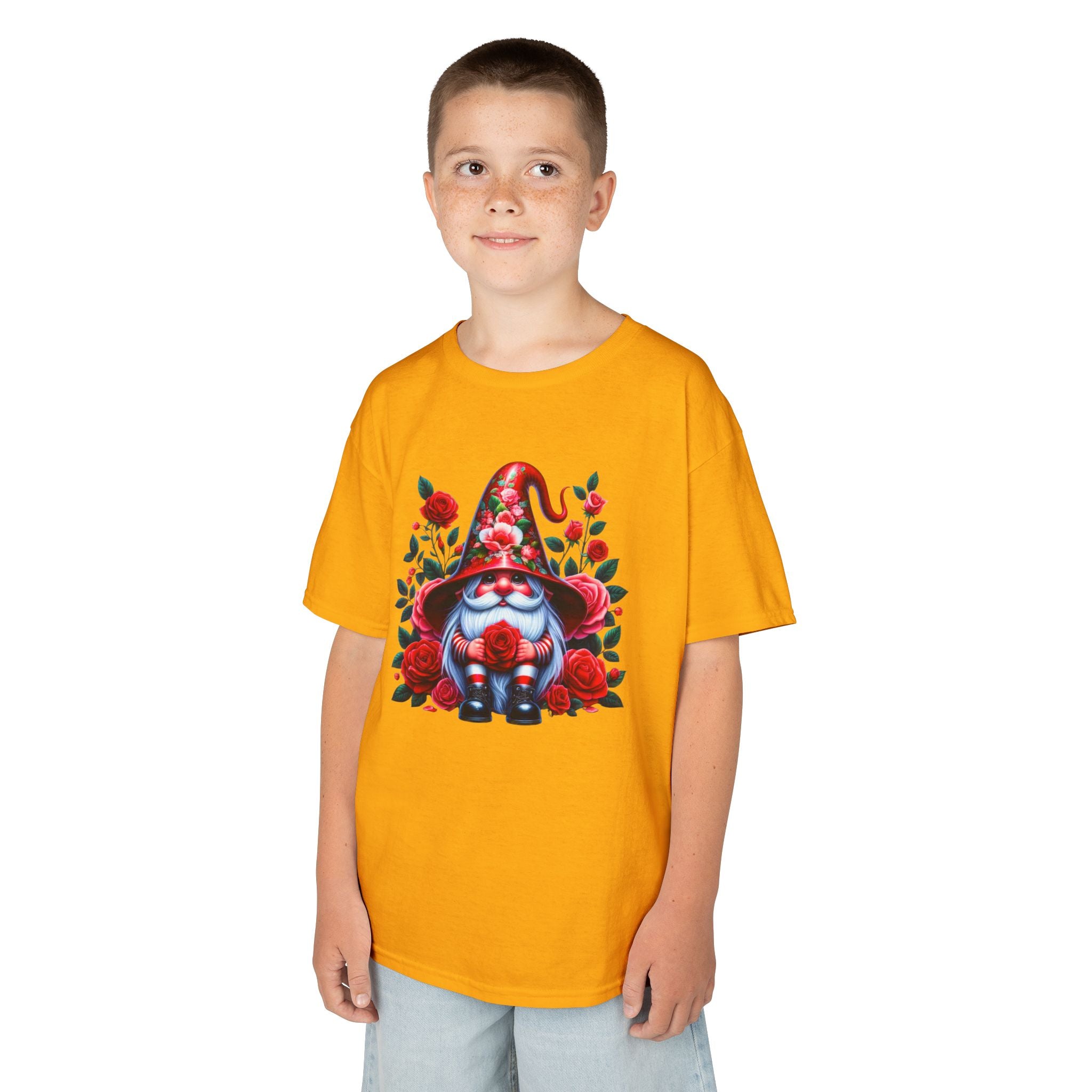 Valentine Gnome Kids Tee — Cute Red Rose Garden Gnome Shirt