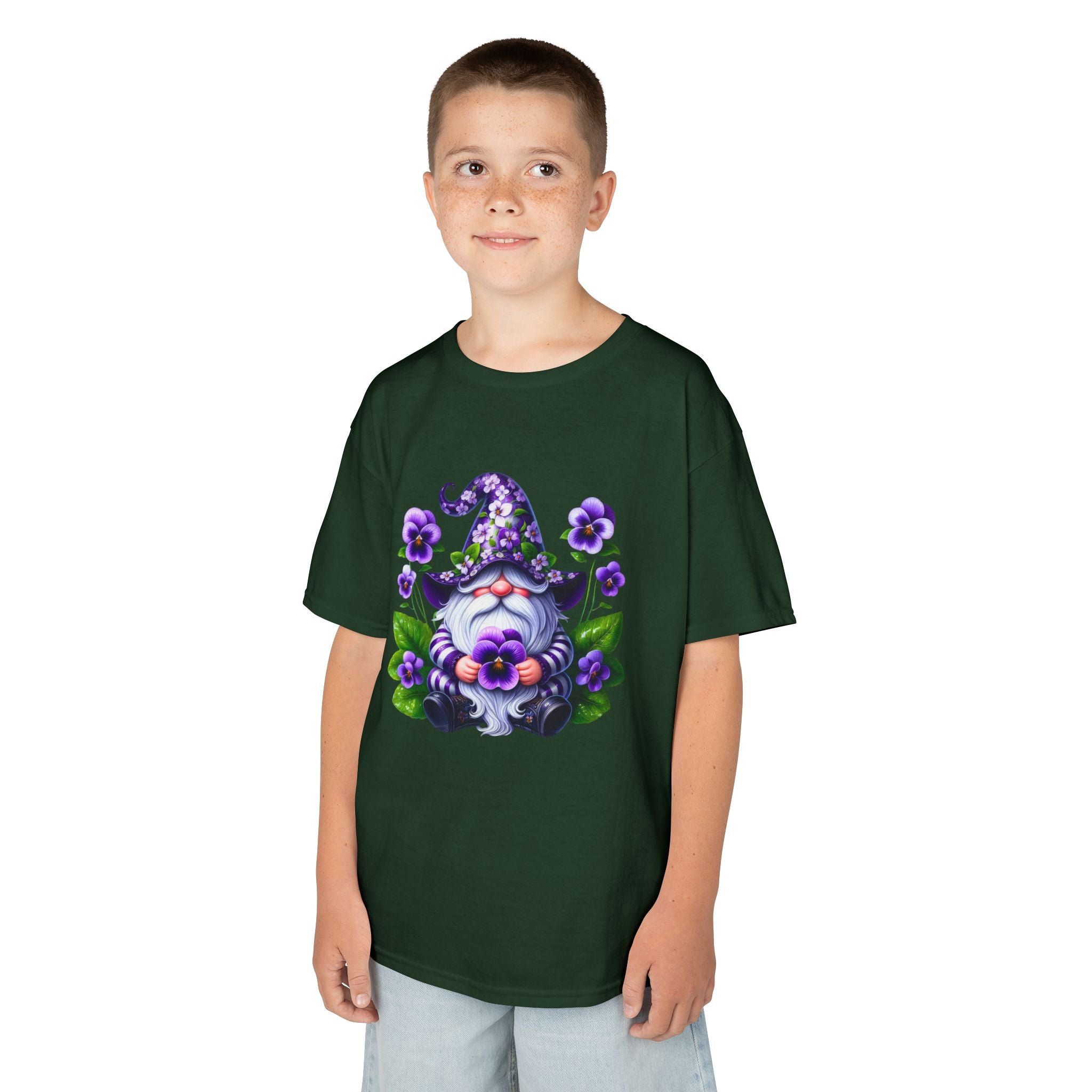 Kids Gnome T‑Shirt — Cute Purple Floral Wizard Gnome Tee for Children