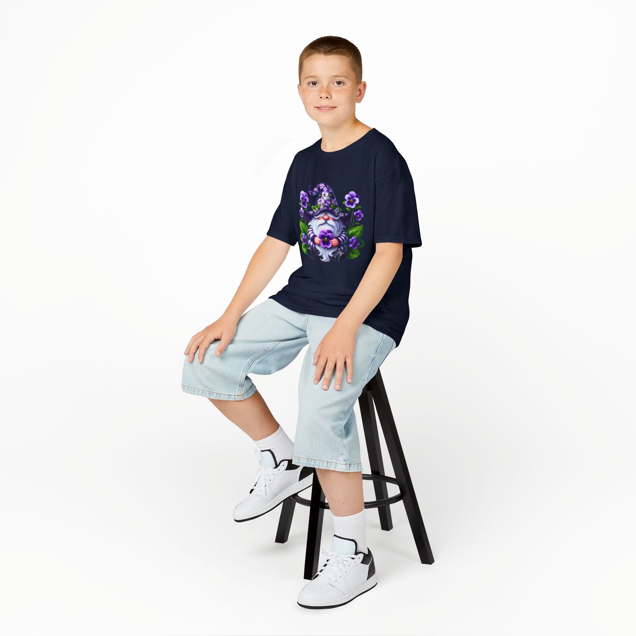 Kids Gnome T‑Shirt — Cute Purple Floral Wizard Gnome Tee for Children