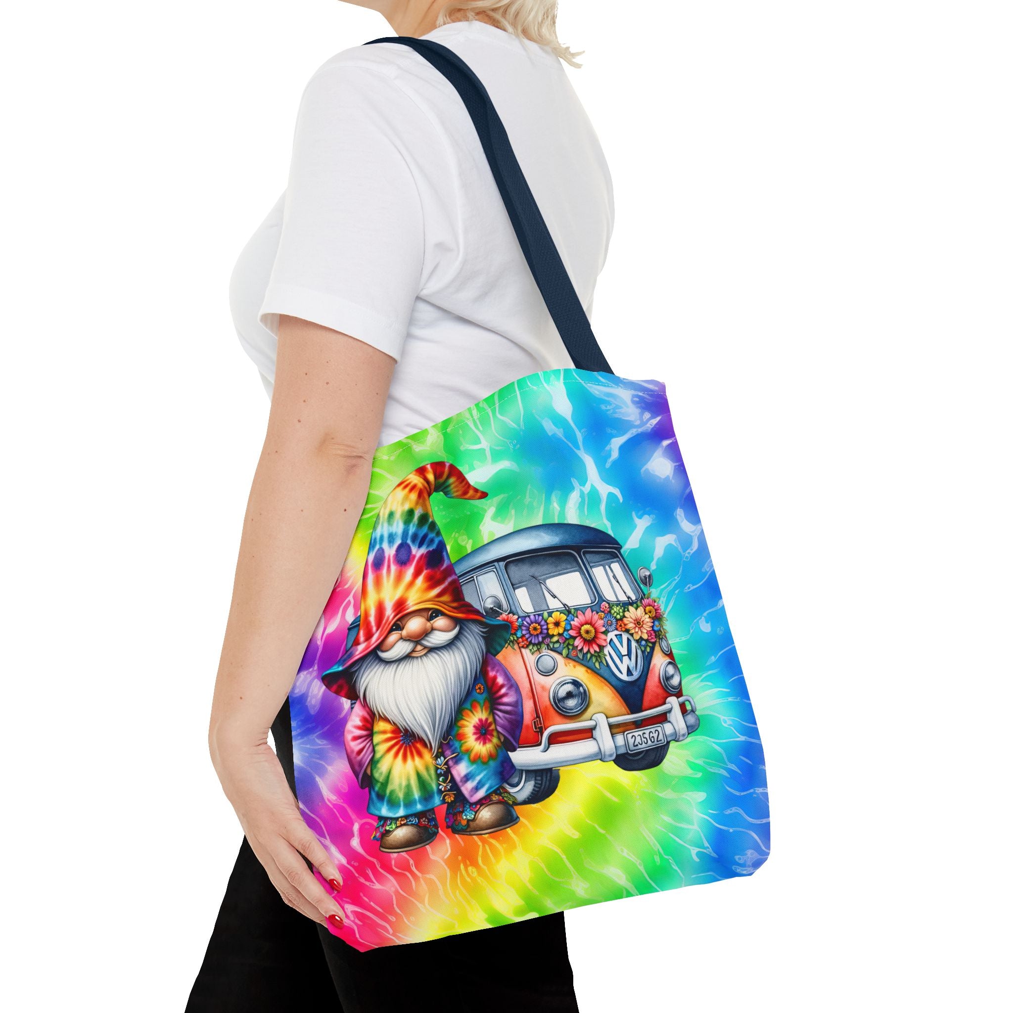 Tie-Dye Hippie Gnome Tote Bag — VW Bus Floral Boho Beach Tote