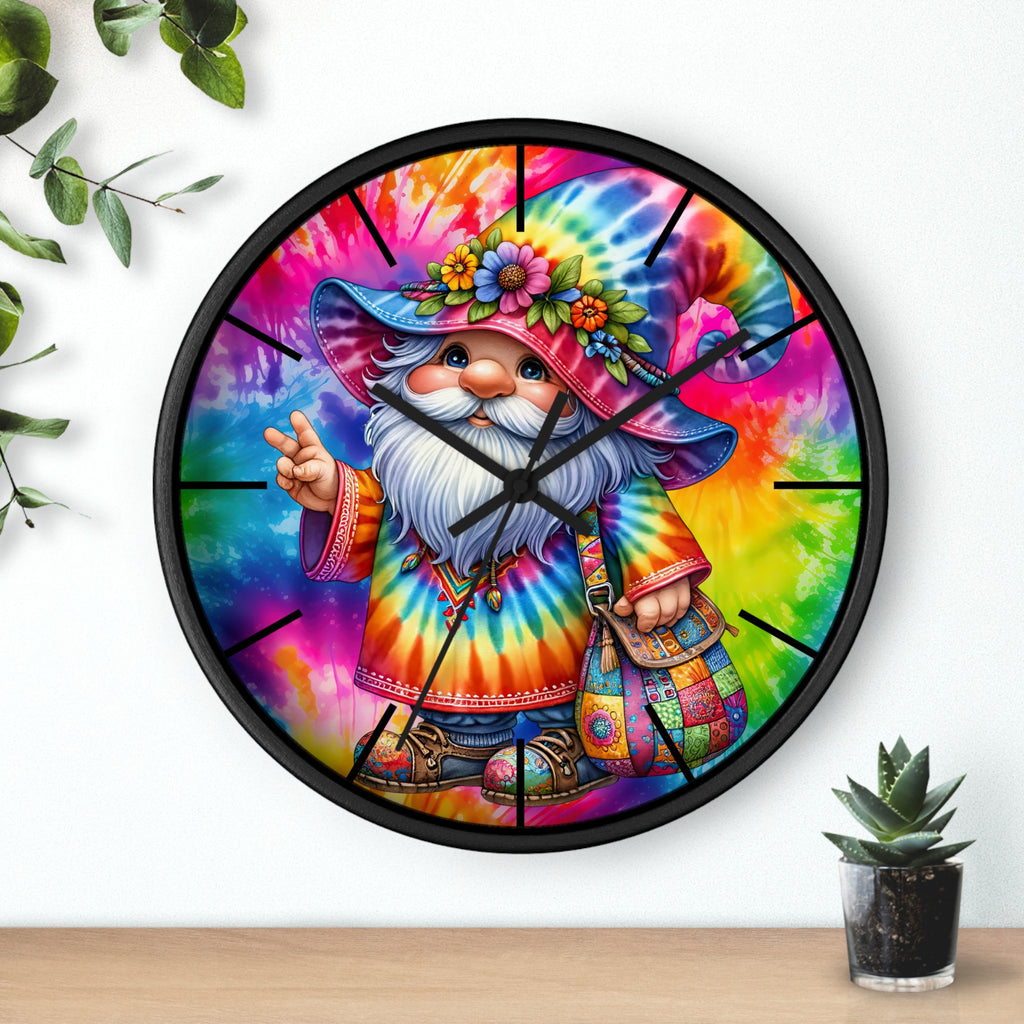 Tie-Dye Gnome Wall Clock — Colorful Hippie Garden Decor