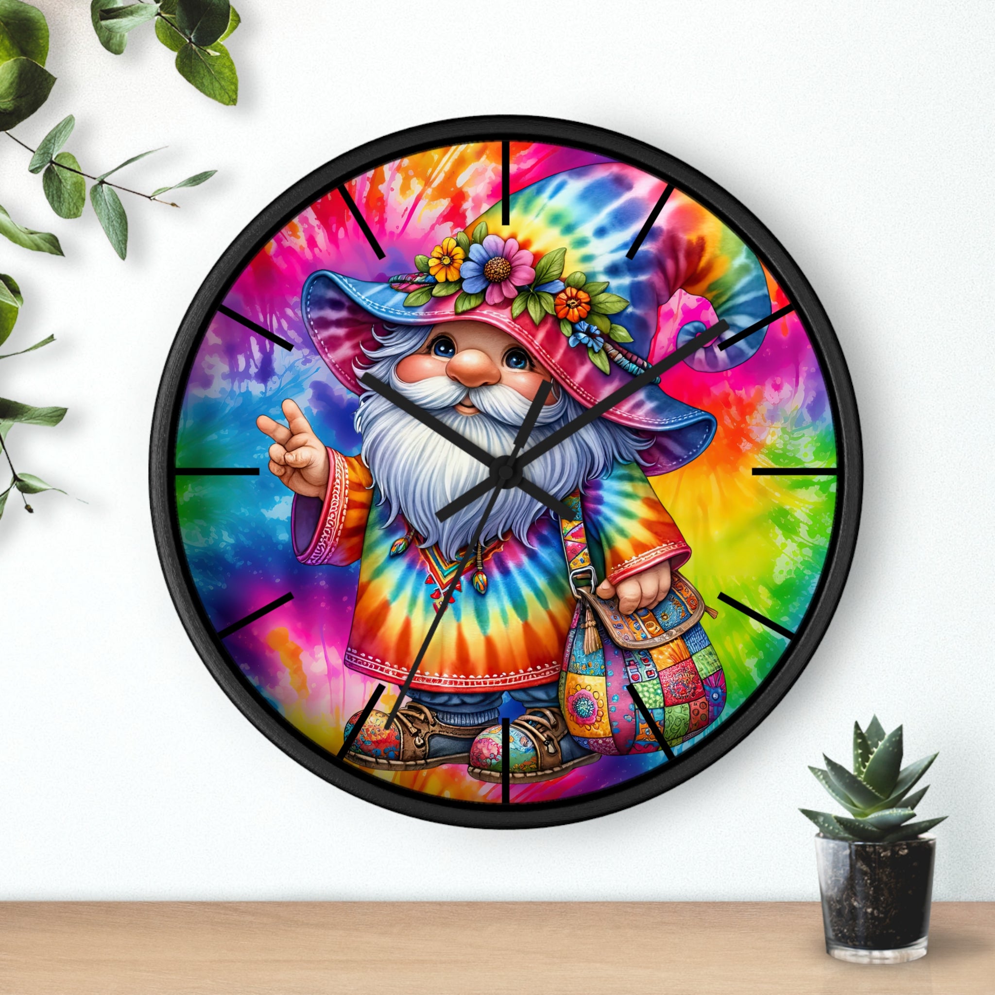 Tie-Dye Gnome Wall Clock — Colorful Hippie Garden Decor