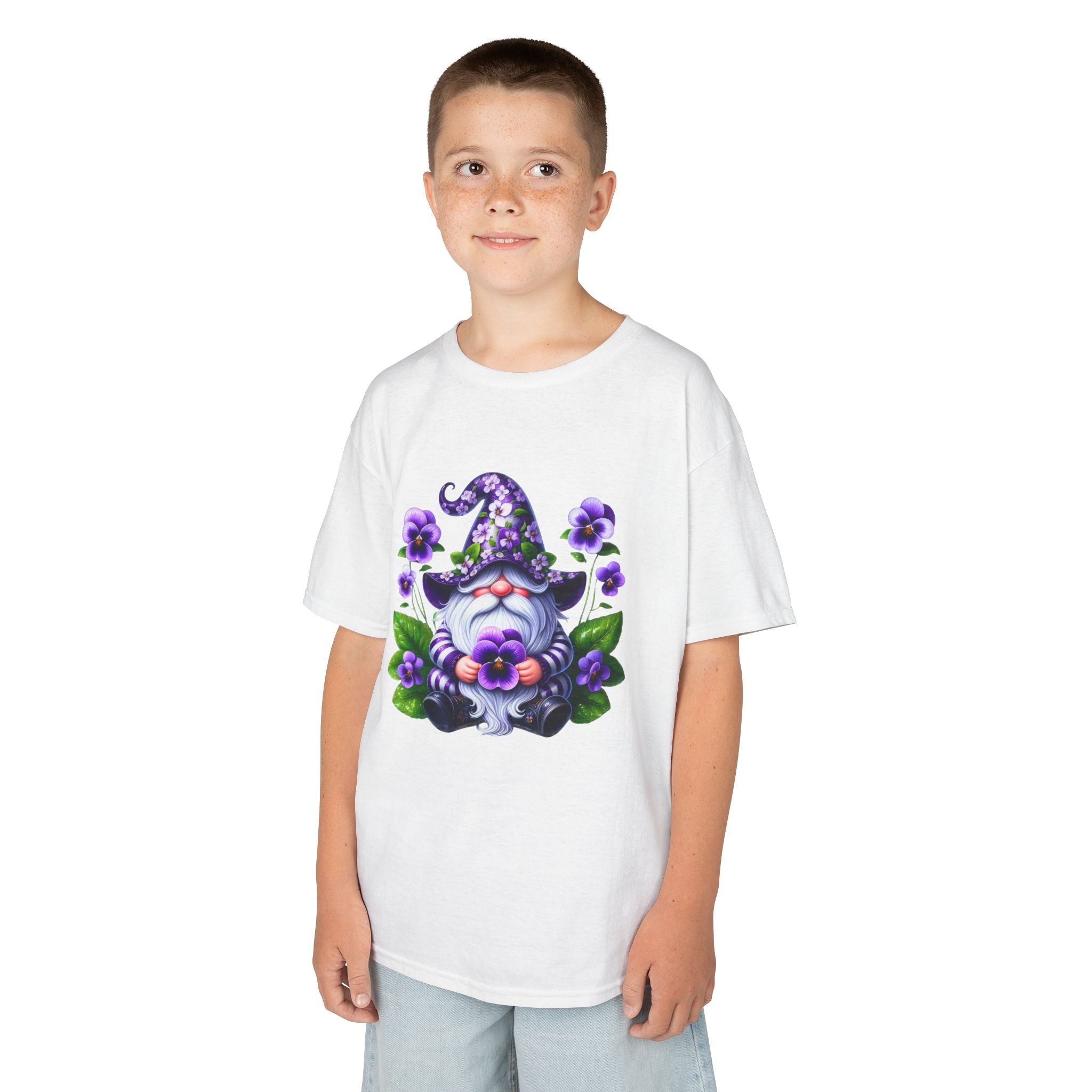 Kids Gnome T‑Shirt — Cute Purple Floral Wizard Gnome Tee for Children