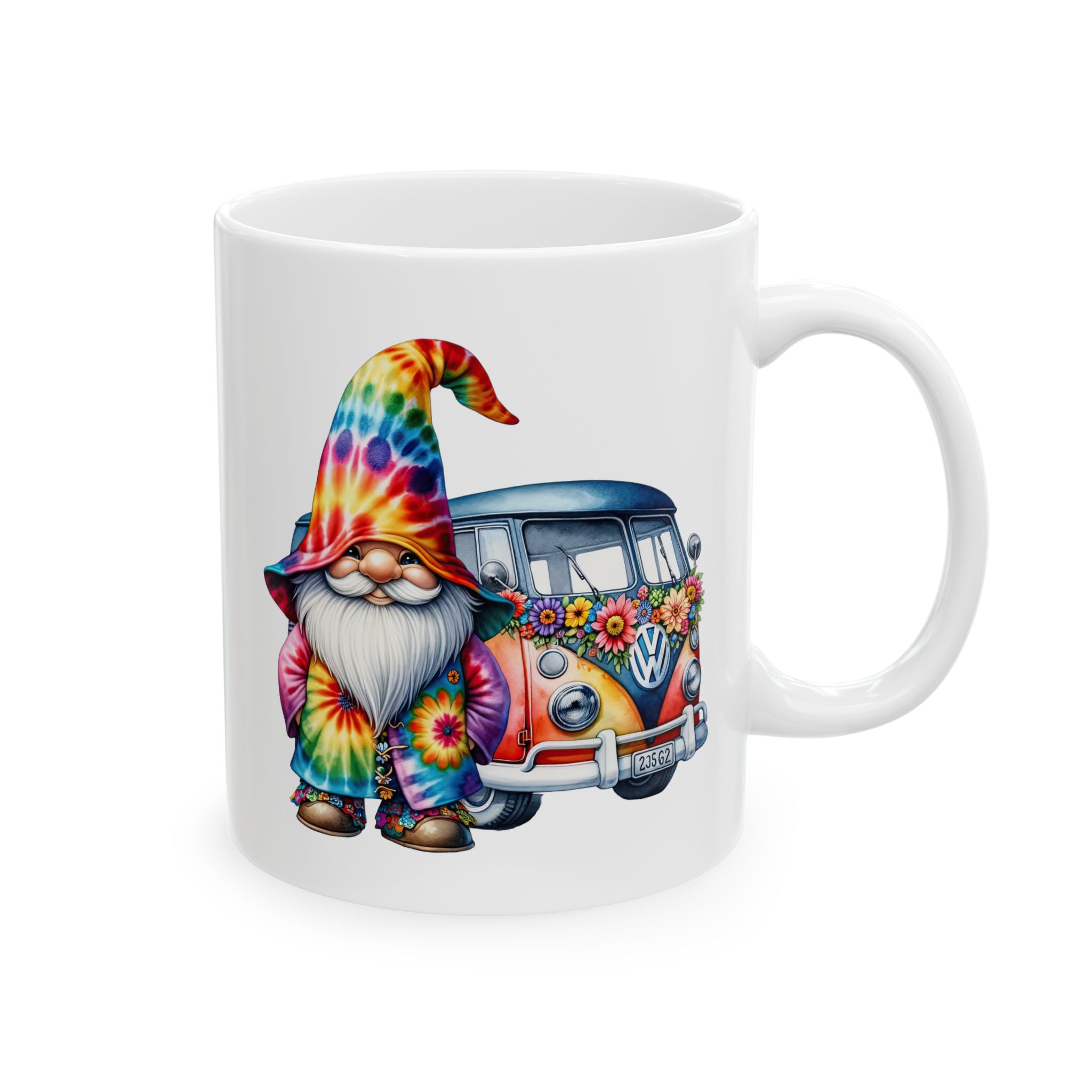 Tie-Dye Gnome Ceramic Mug (11oz, 15oz) — Hippie Van & Colorful Gnome Coffee Cup