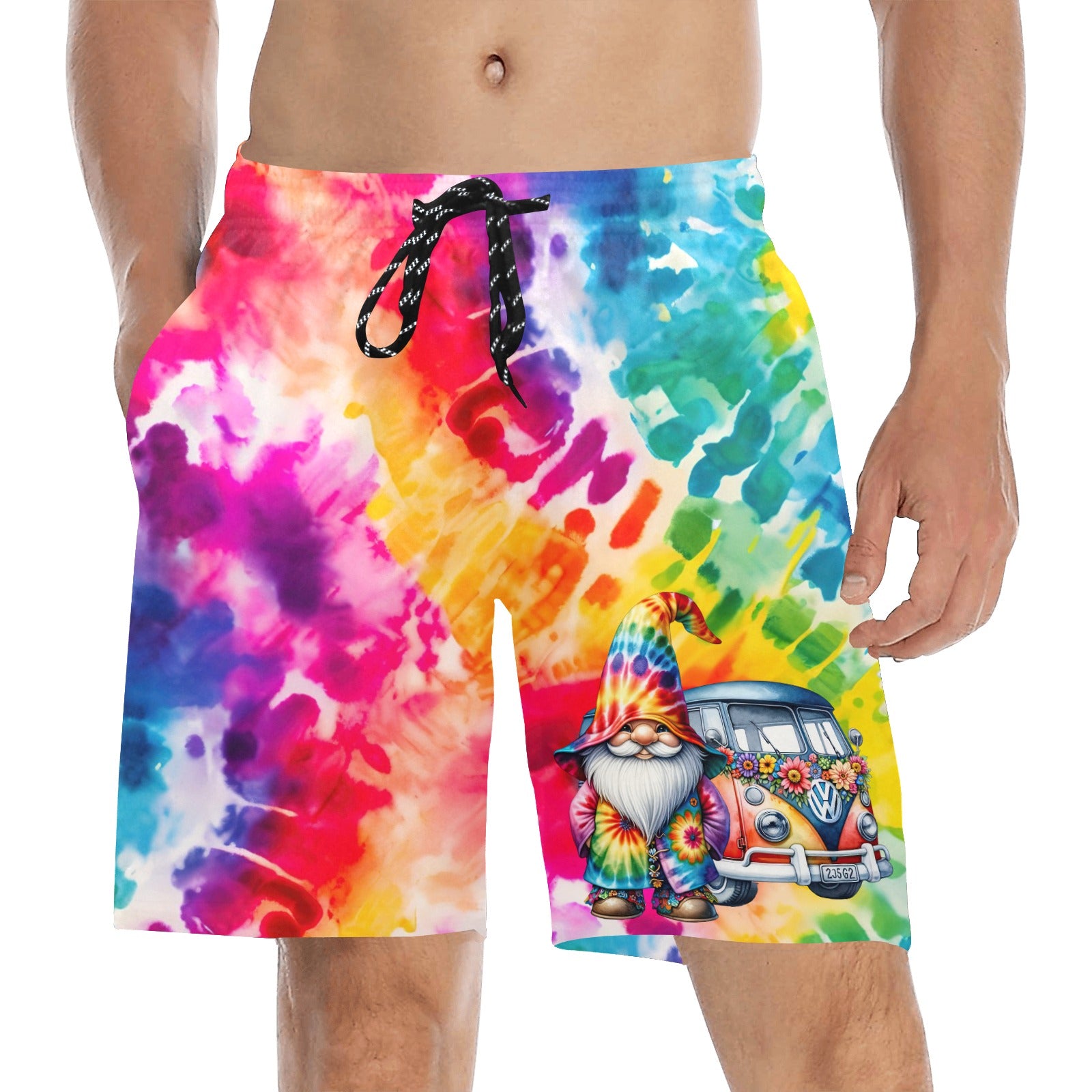 Tie Dye Hippie VW Bus Gnome Men's Mid-Length Beach Shorts