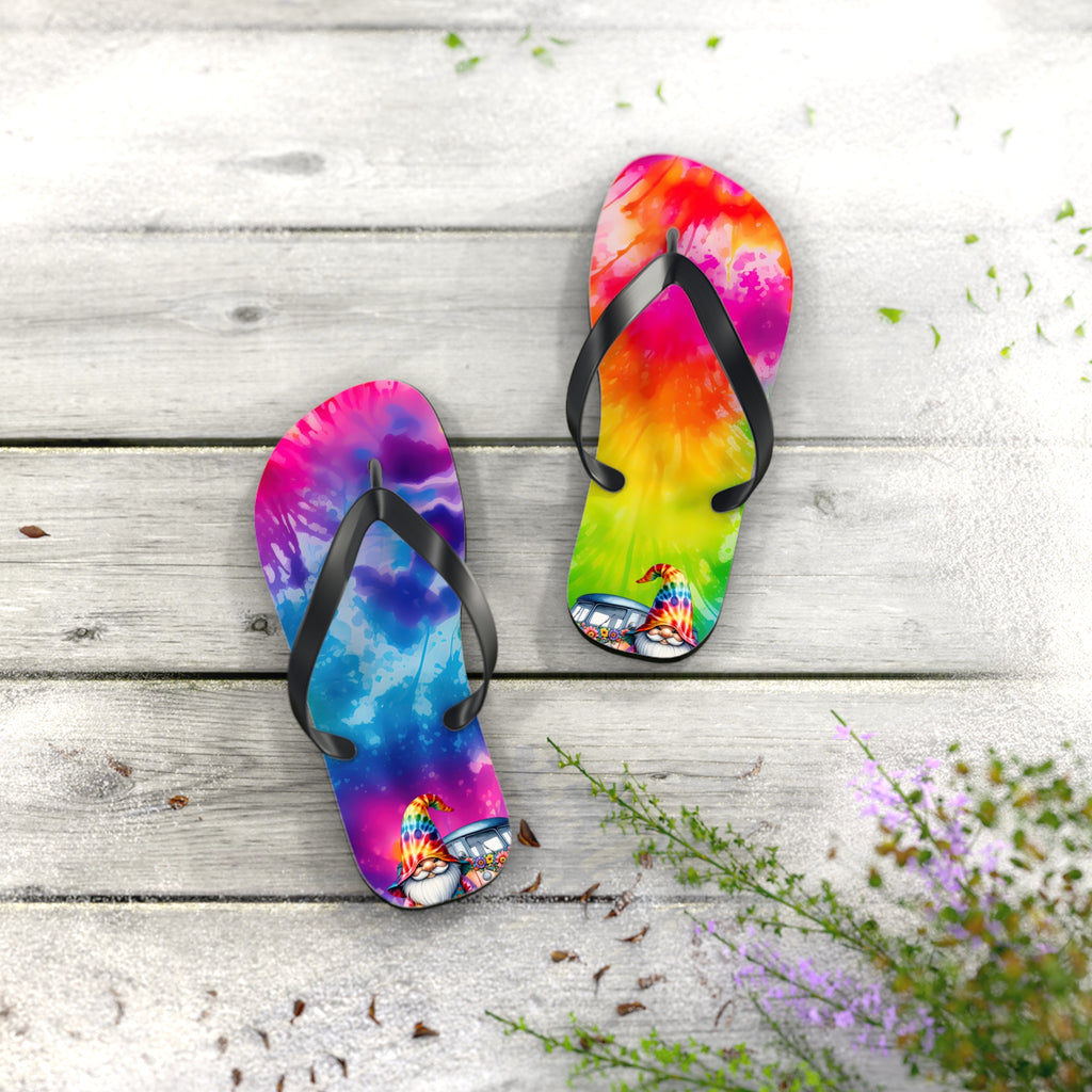 Tie-Dye Gnome Flip Flops — Colorful Summer Beach Sandals